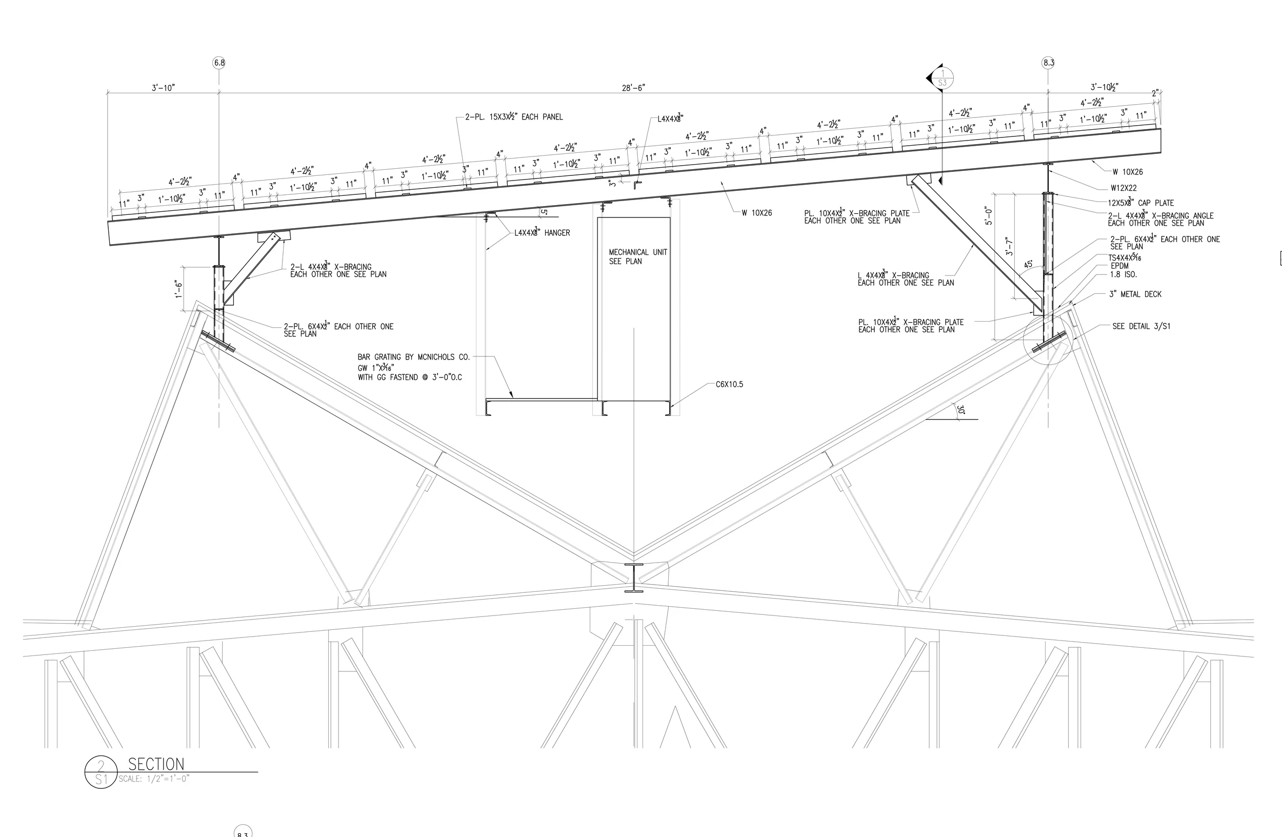 Figure 11: Structural Engineer's Section showing beam and fitting sizes required to achieve the 23' span.
