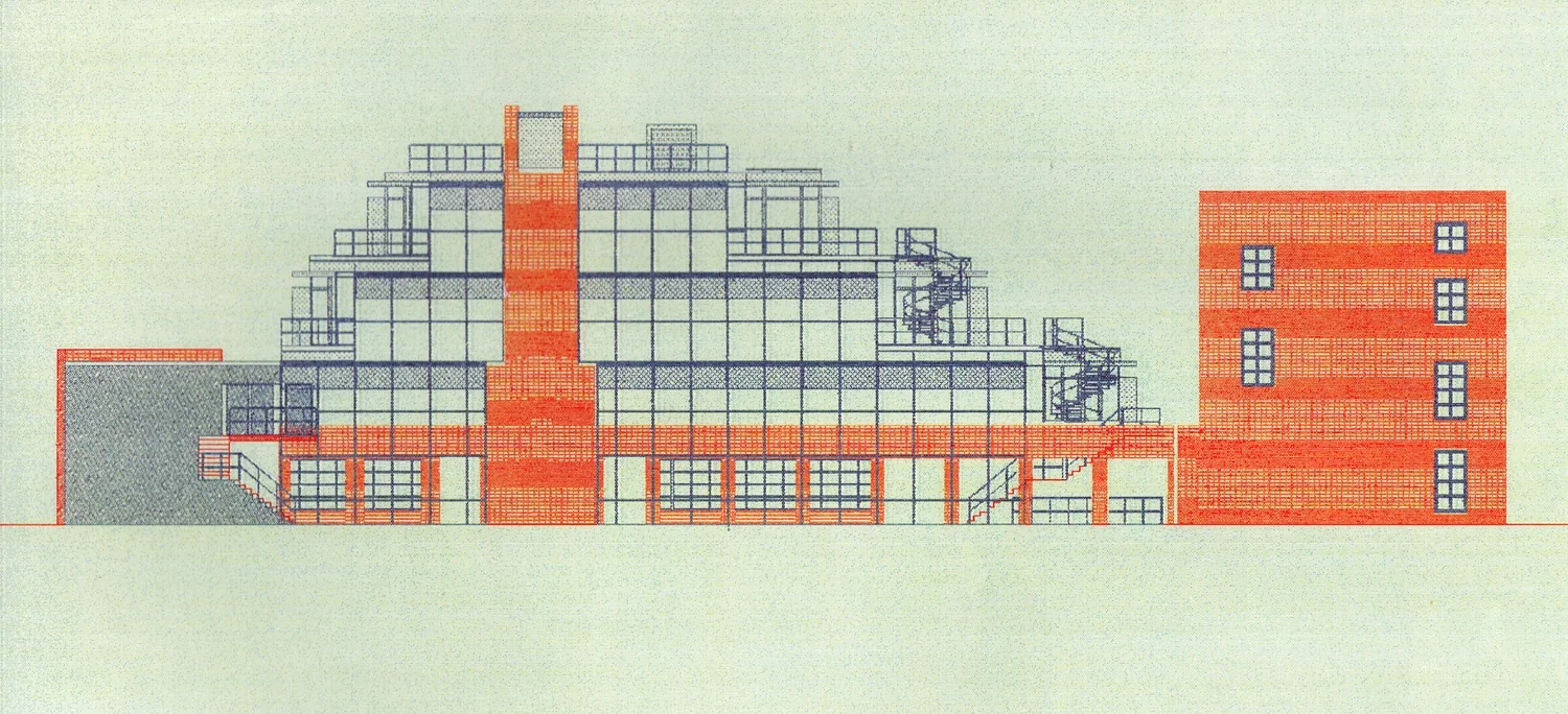 Figure 2: Schematic North Elevation- Stepped massing provides for exterior access, fire egress, natural light and landscaping opportunities across a wide roofs cape. (Drawing by John Millard)