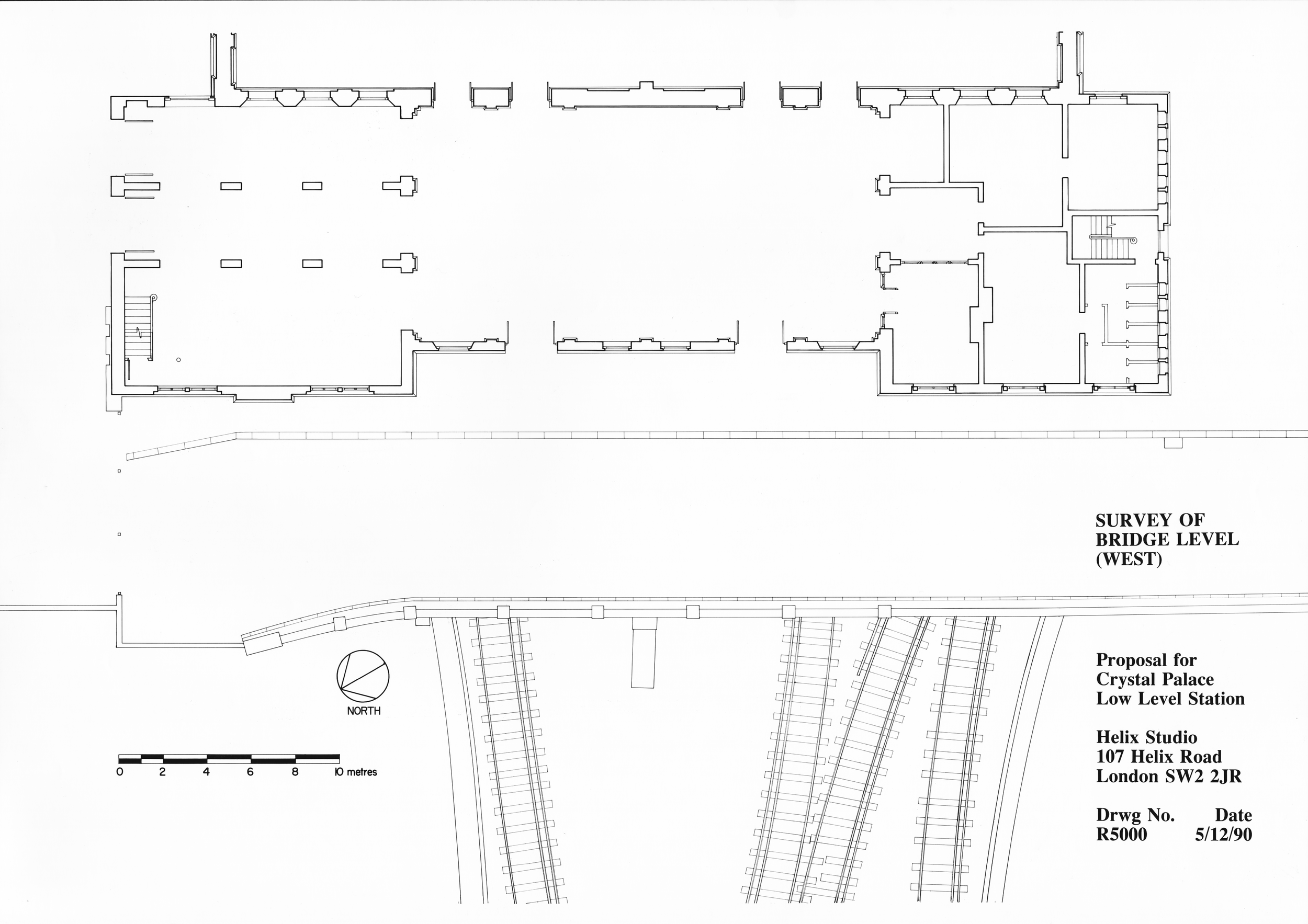 Figure 13: Measured survey drawing showing bridge level plan of ticketing hall, road bridge approach and rails below...