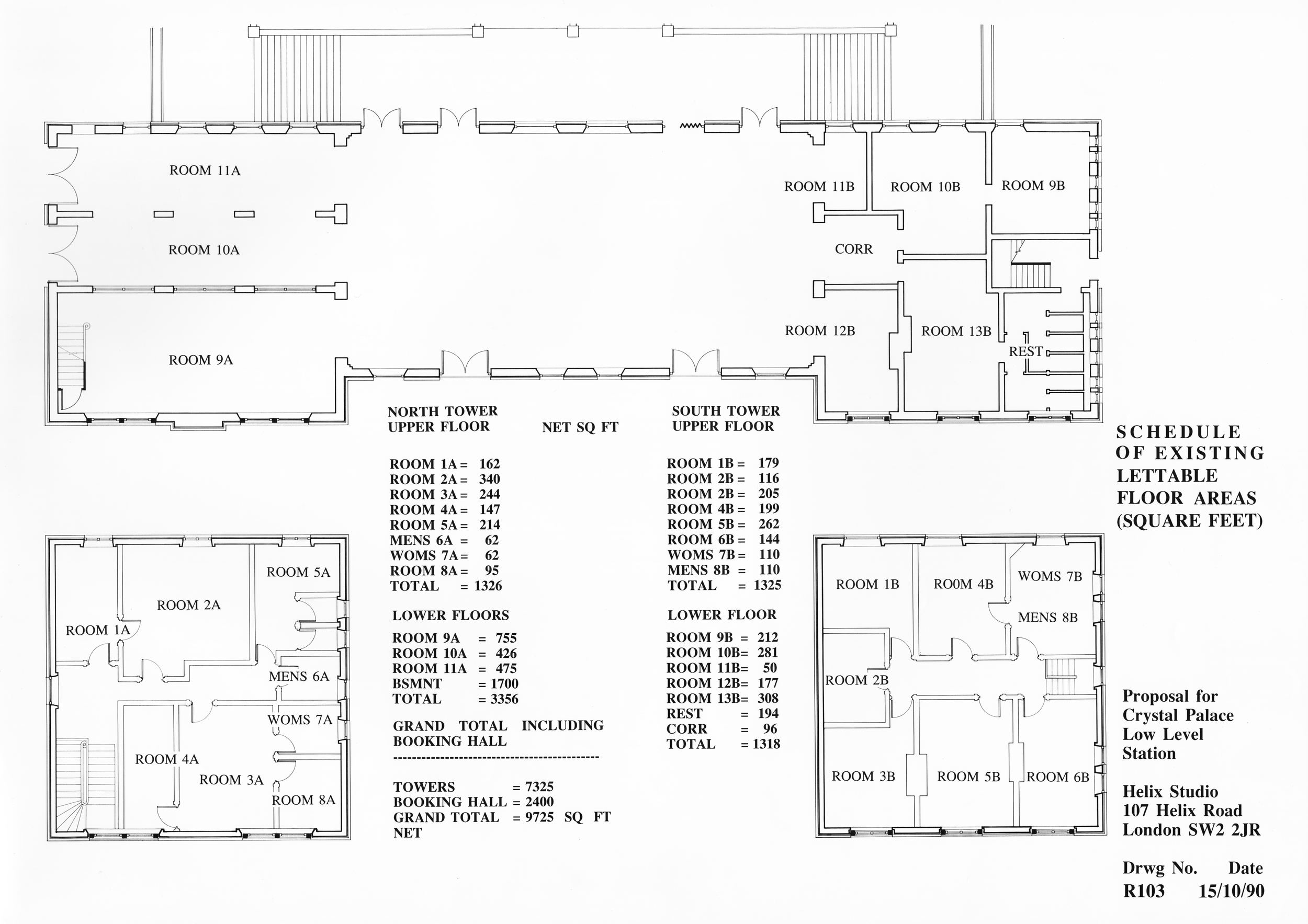 Figure 15: Measured survey drawing showing upper levels of towers and schedule of areas for usable space.