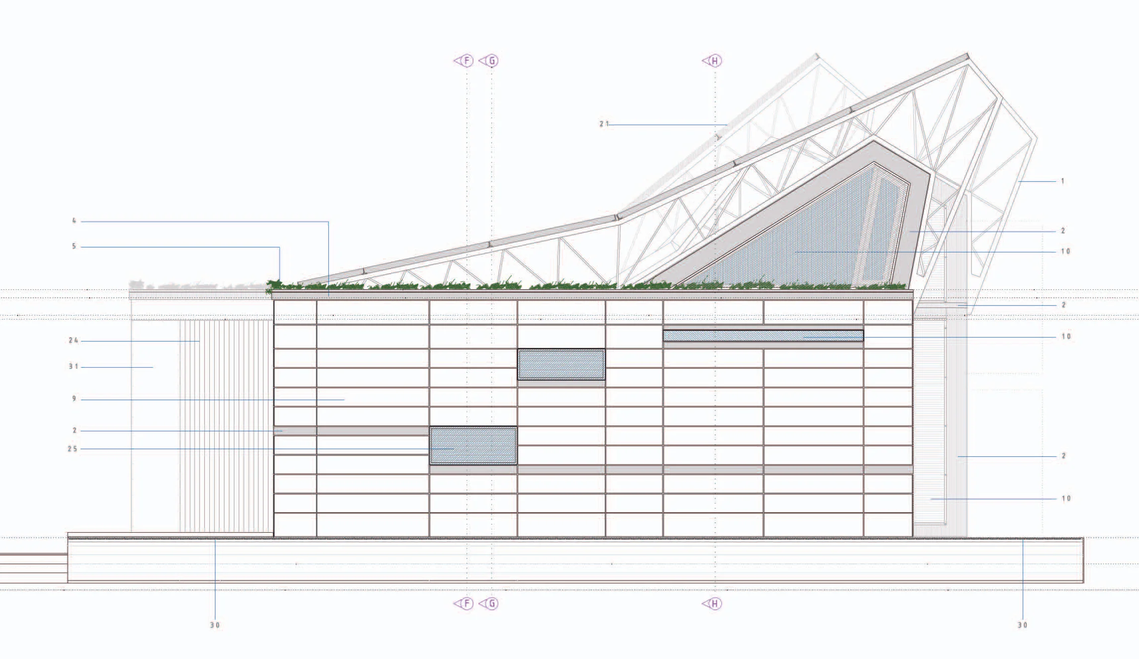 The east elevation allows openings for natural ventilation and light for morning activity. These are limited in size in order to balance solar heat gain with cooling goals for the solar electric air cooling system.