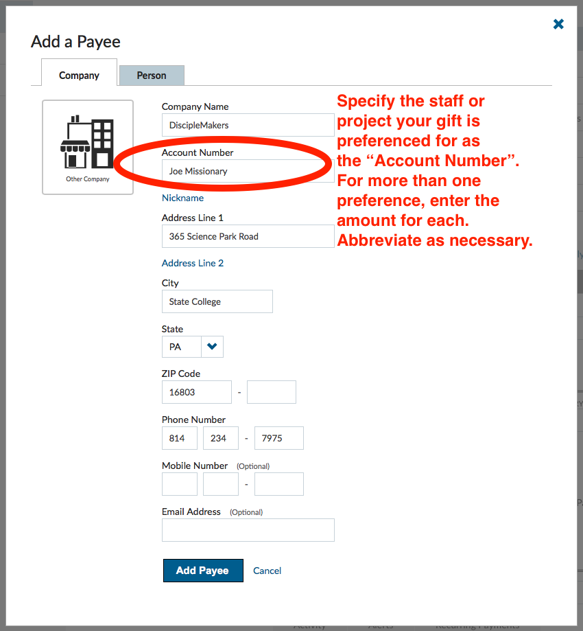 Sample Add Biller Screenshot