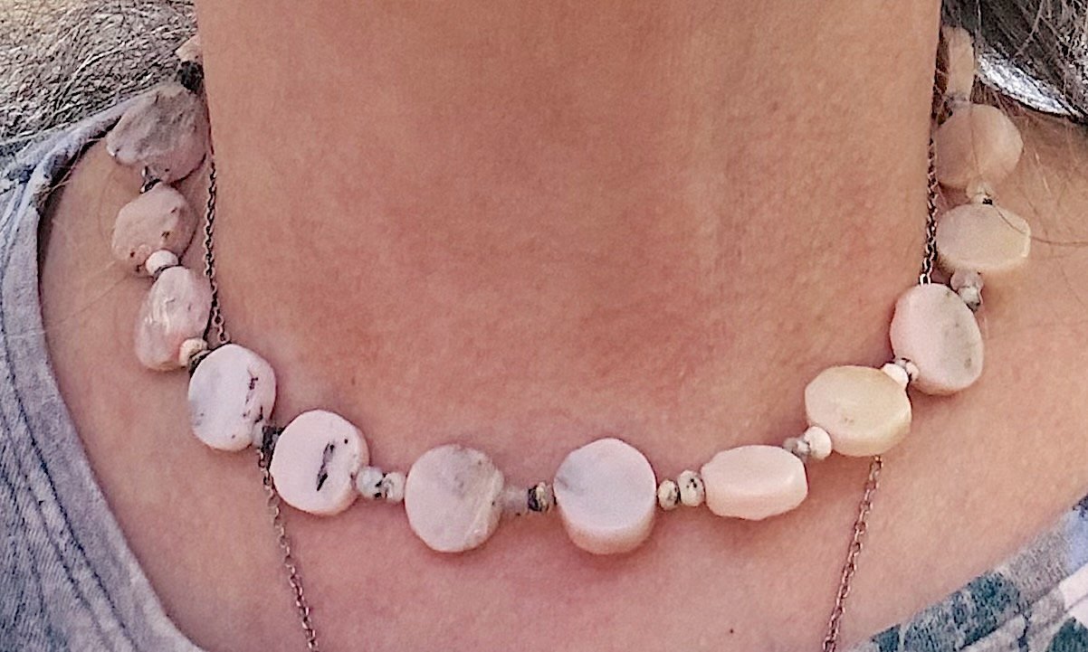 Peruvian Pink opal on me.jpeg