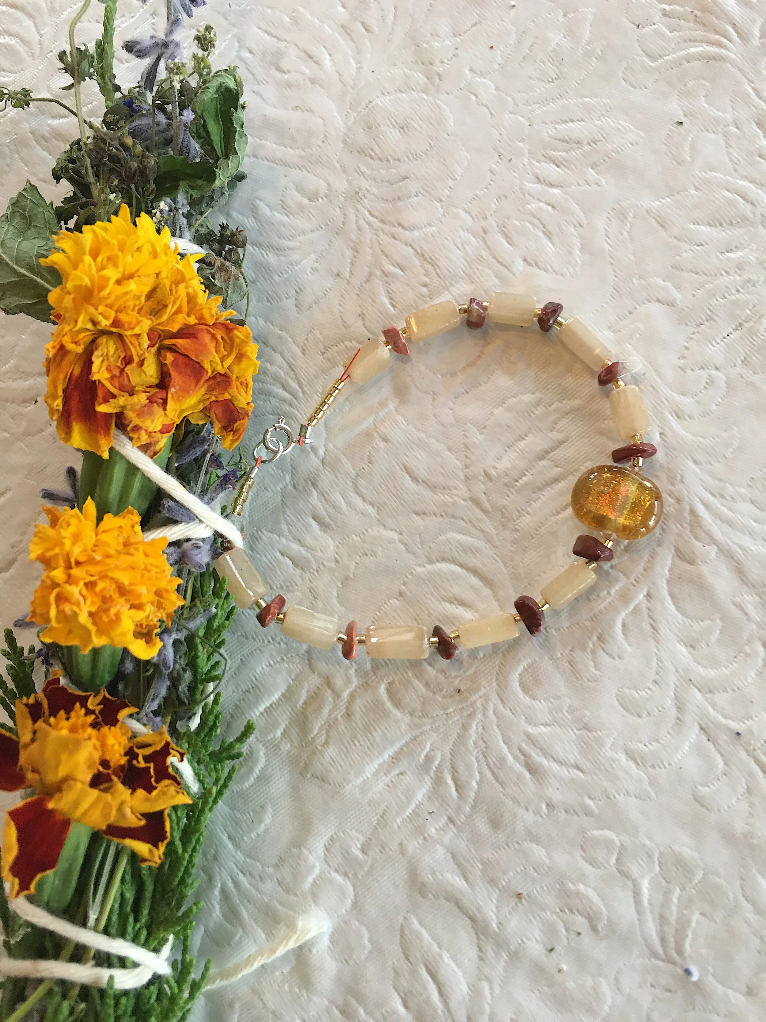 3marigolds with Cream Quartz, Poppy Jasper and glass bead closeup.JPG