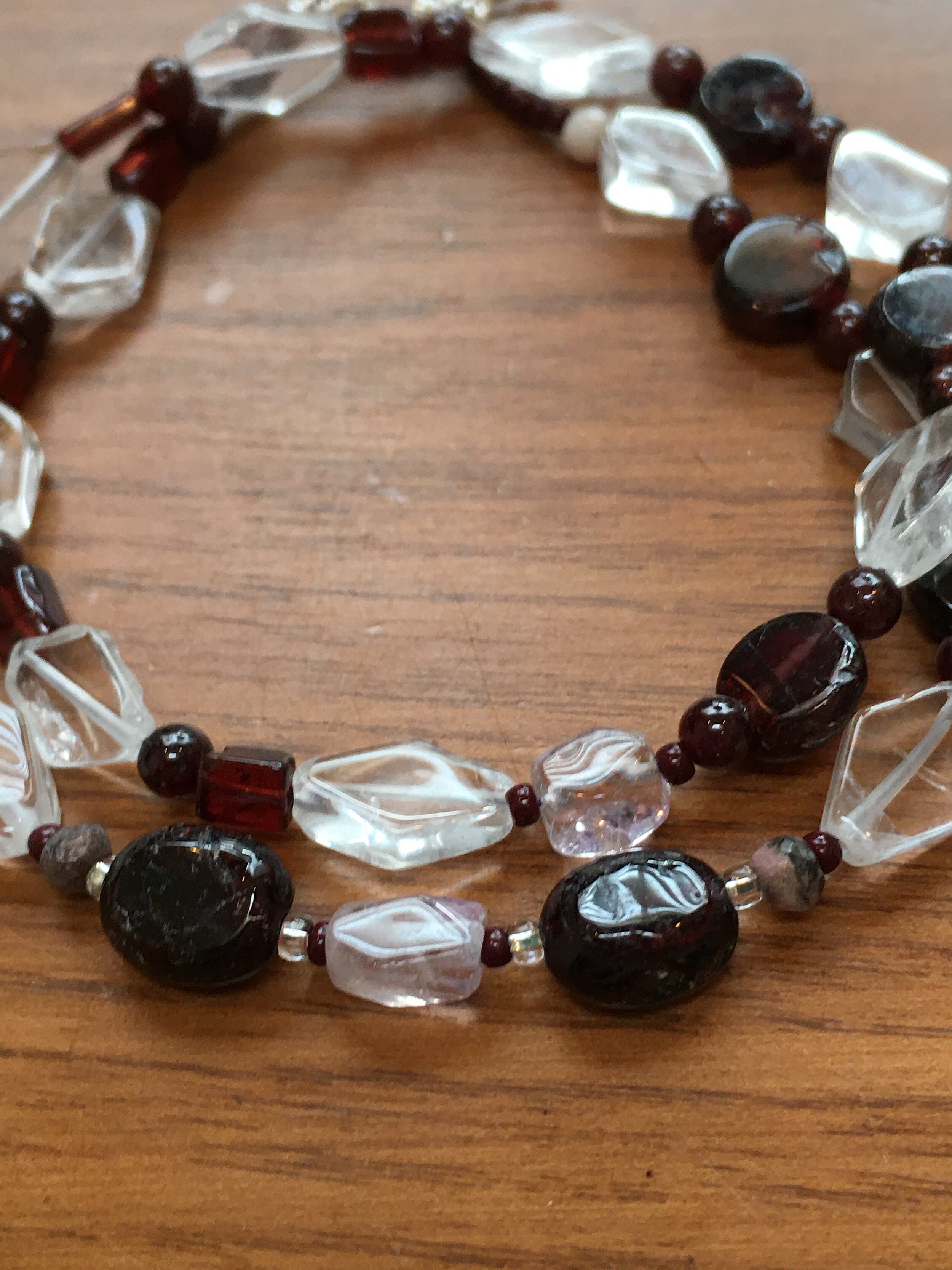 Garnet, amethyst and Quartz crystal double wrap closeup.JPG
