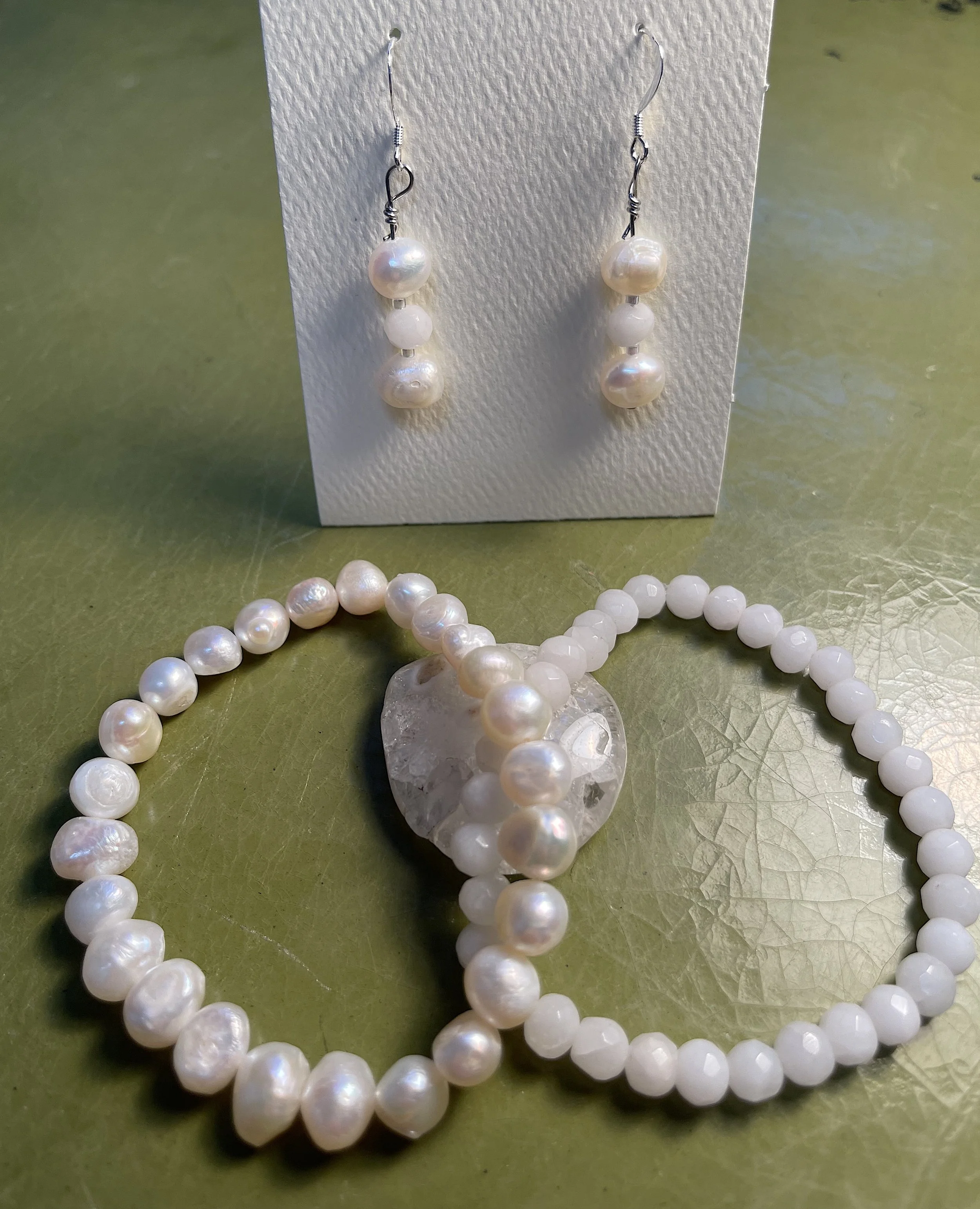 Pearls and Snow quartz bracelet and earrings.jpg
