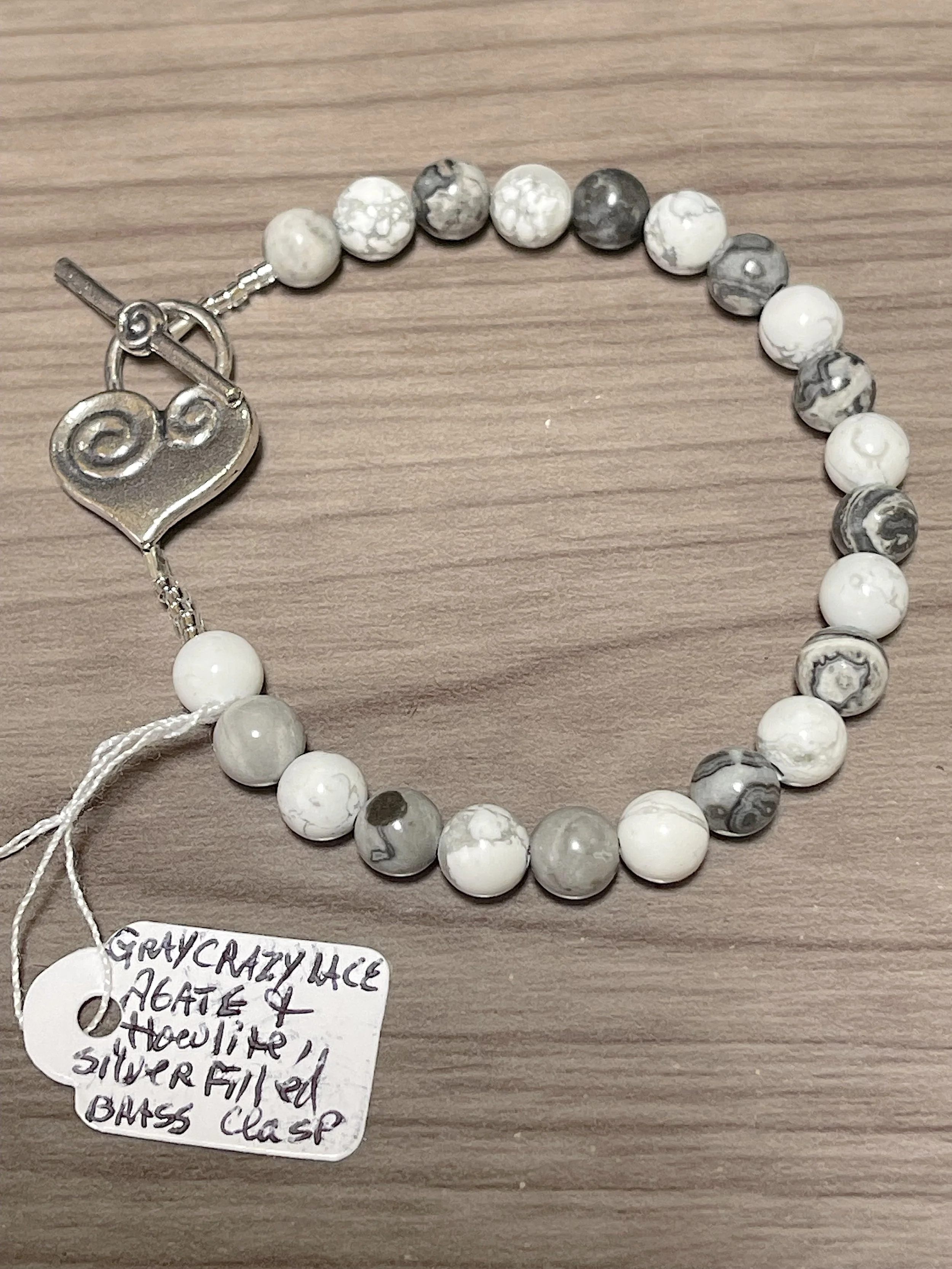 Gray crazy lace and Howlite bracelet with heart clasp.jpg