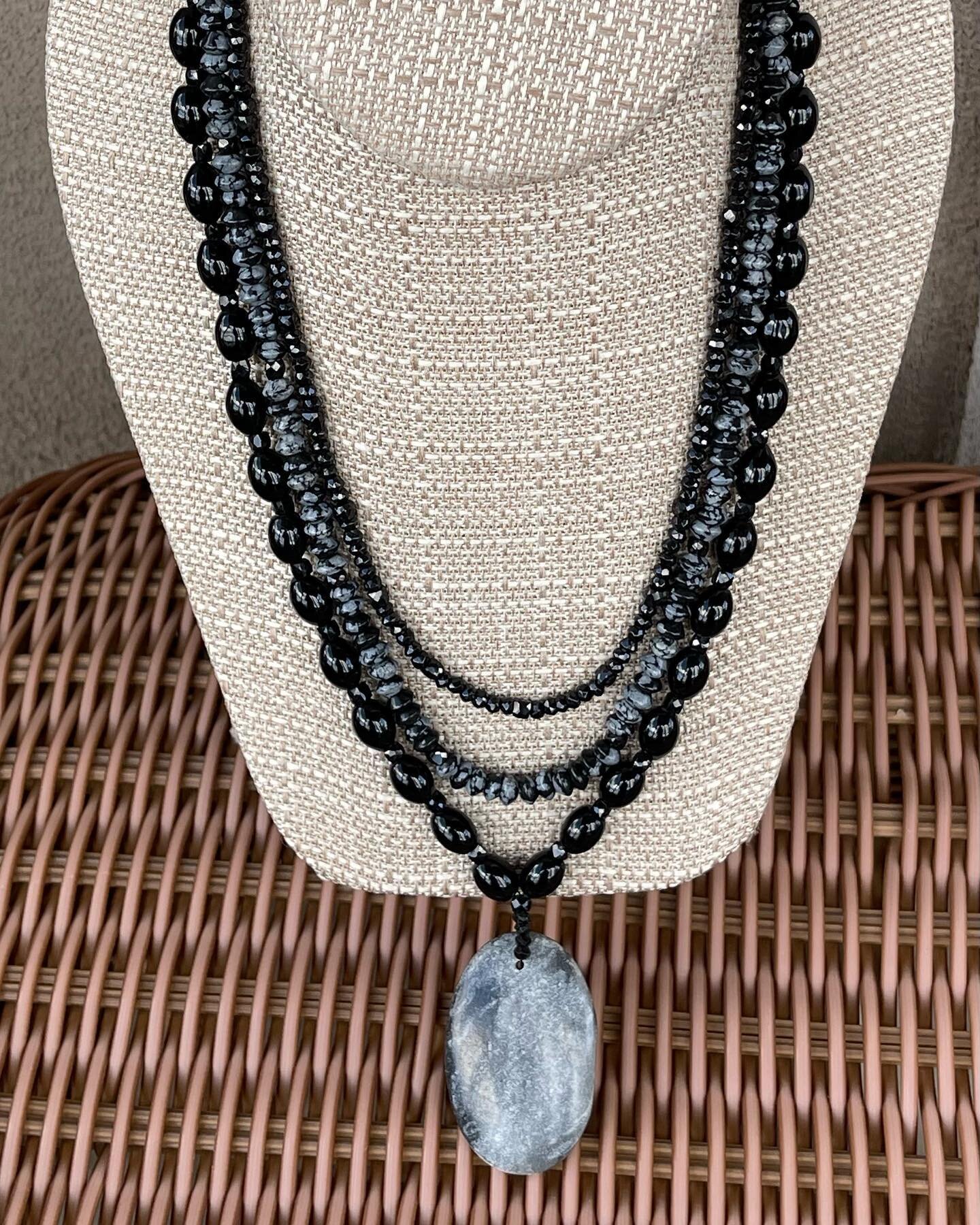 This 3 strand beauty is aptly titled &ldquo;Night Sky&rdquo;. #nightsky  I used faceted Black Spinel in several sizes and ovals too.  Snowflake Obsidian discs are the center strand and the drop is Picasso Marble. It&rsquo;s completed with Delica Glas