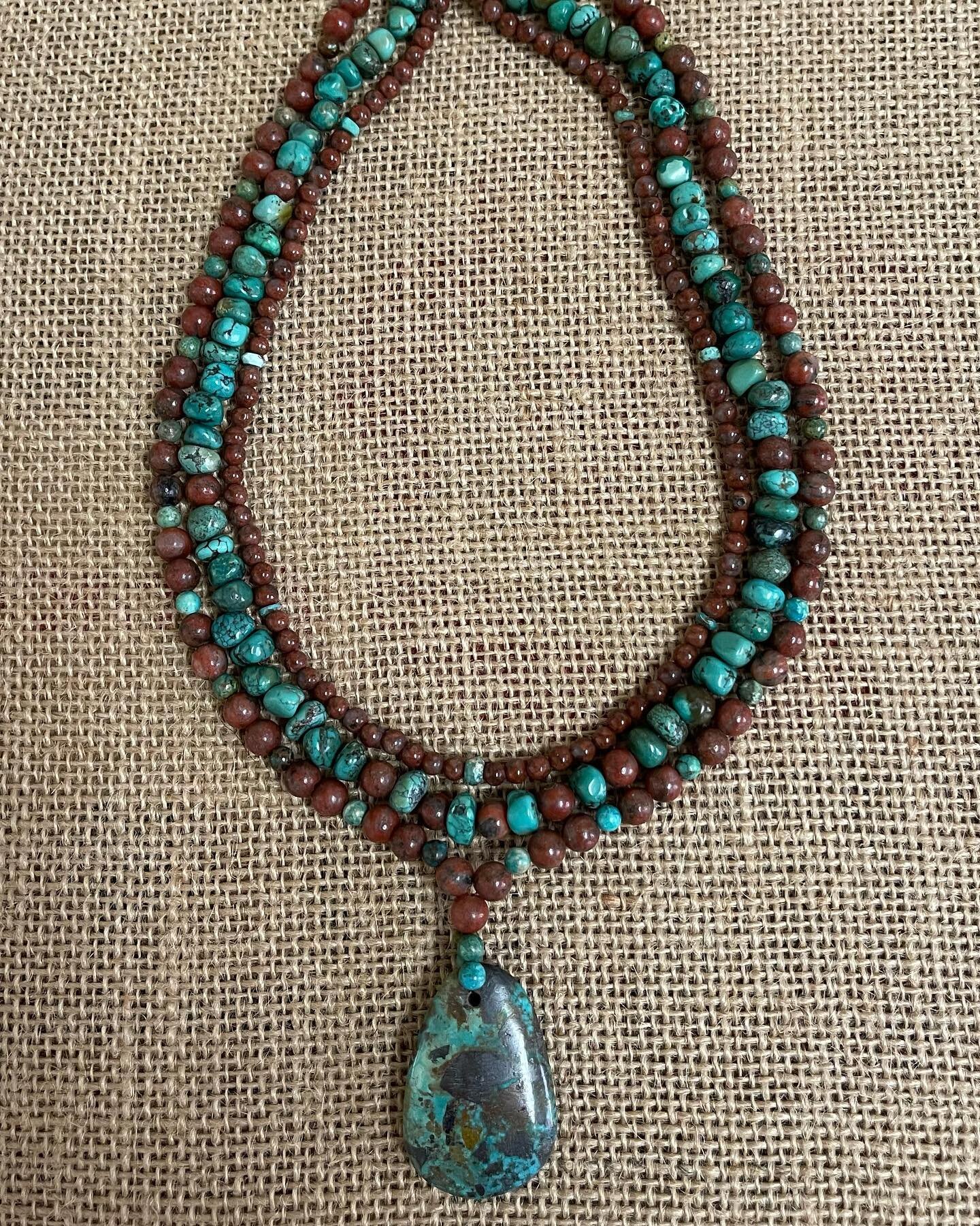 This one is called Red River Basin. I used Red Picture Jasper in 2 sizes and Turquoise and it&rsquo;s completed with Delica Glass Spacer beads and a Sterling Silver toggle clasp. Shortest strand is 17.5&rdquo; and the longest is 19.5&rdquo;. $159.95!