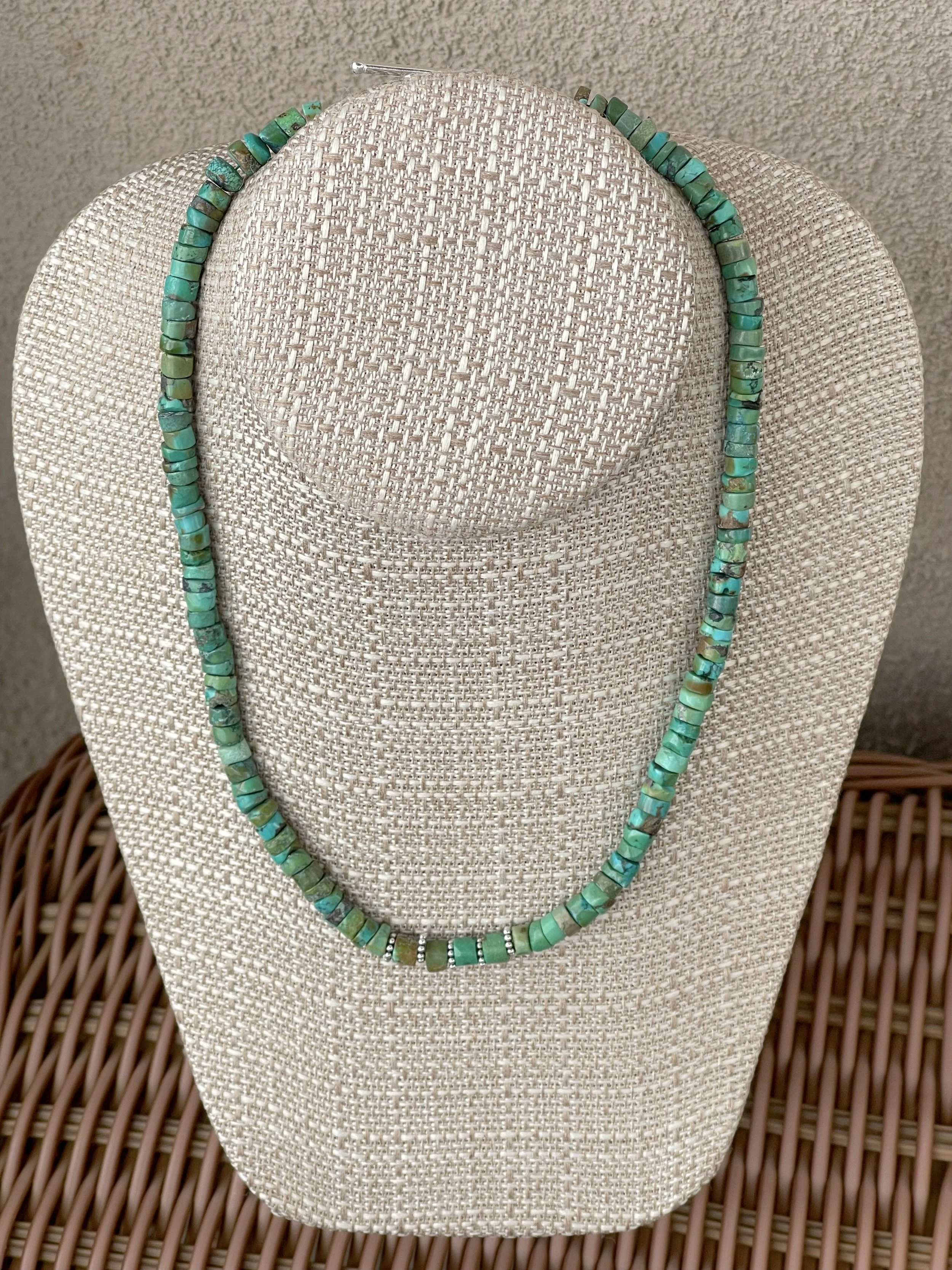 Turquoise Heishi wicker table.jpg