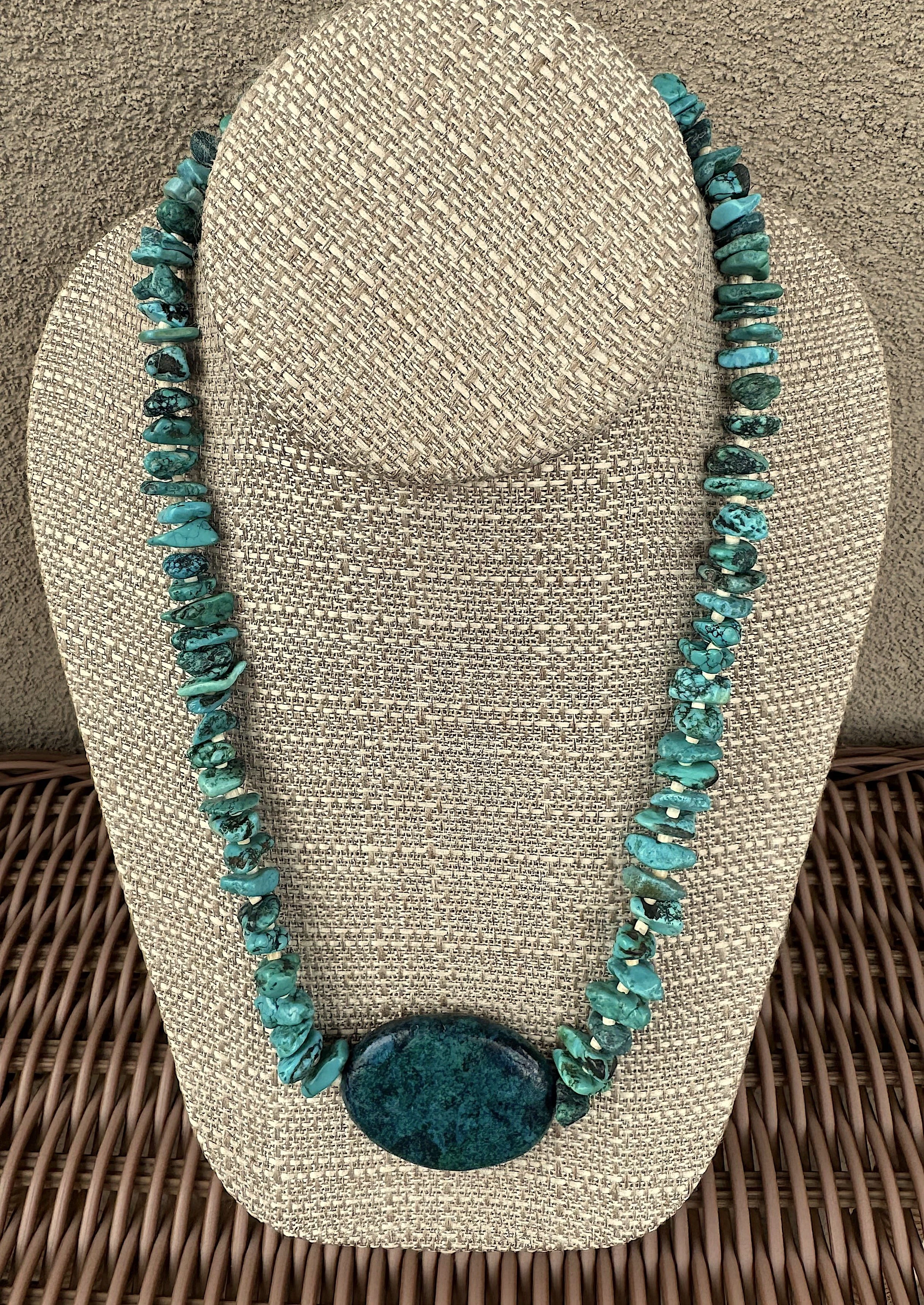 Clam Shell Heishi and Turq. wicker table.jpg