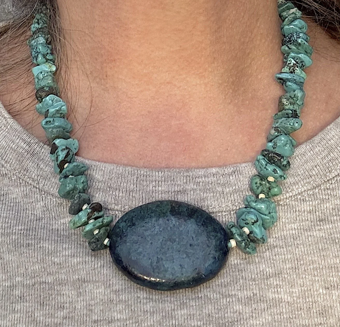 Clam Shell Heishi and Turq. on me.jpg