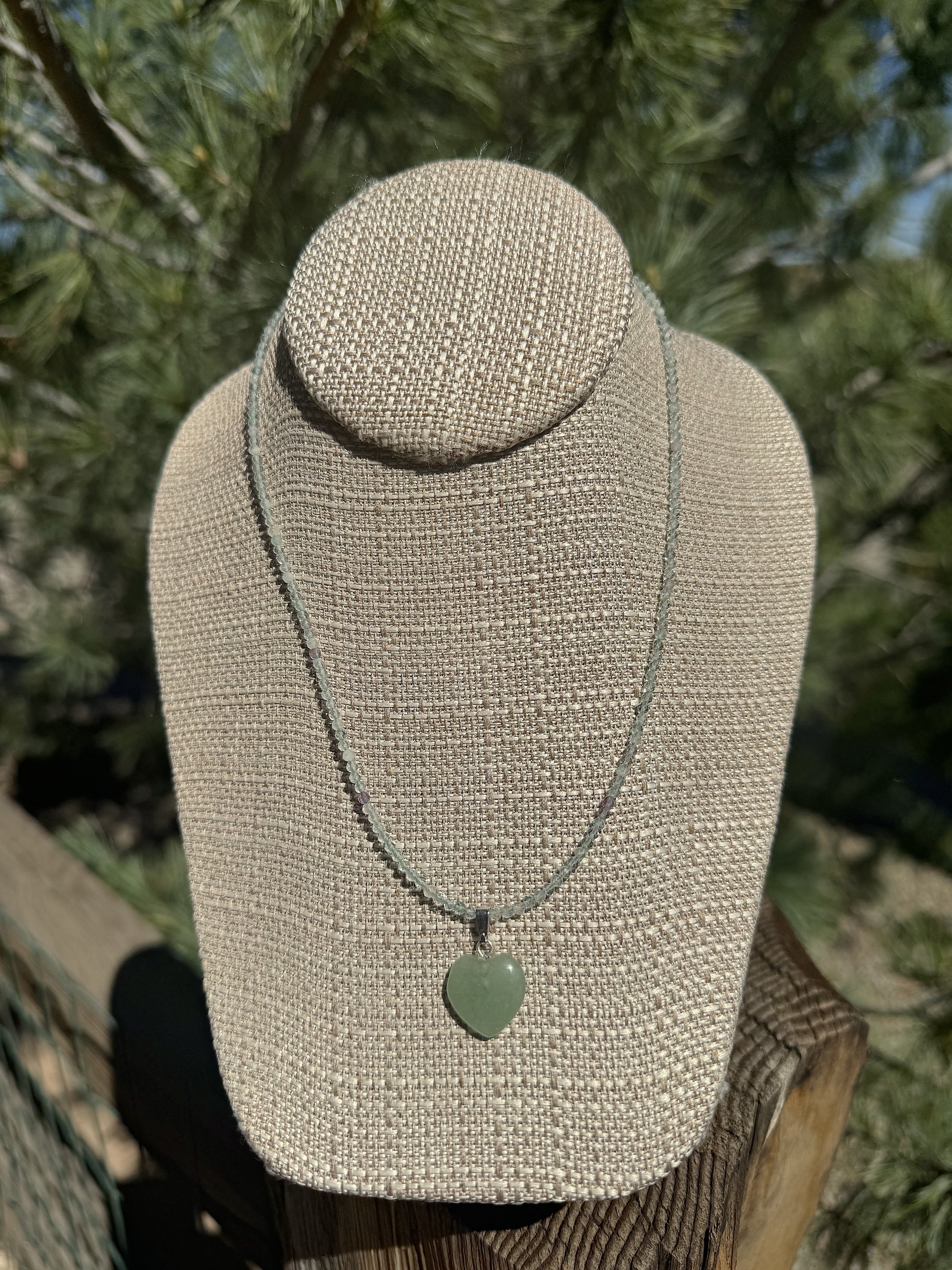 Green Aventurine Heart with faceted Fluorite in sun:pine.jpg