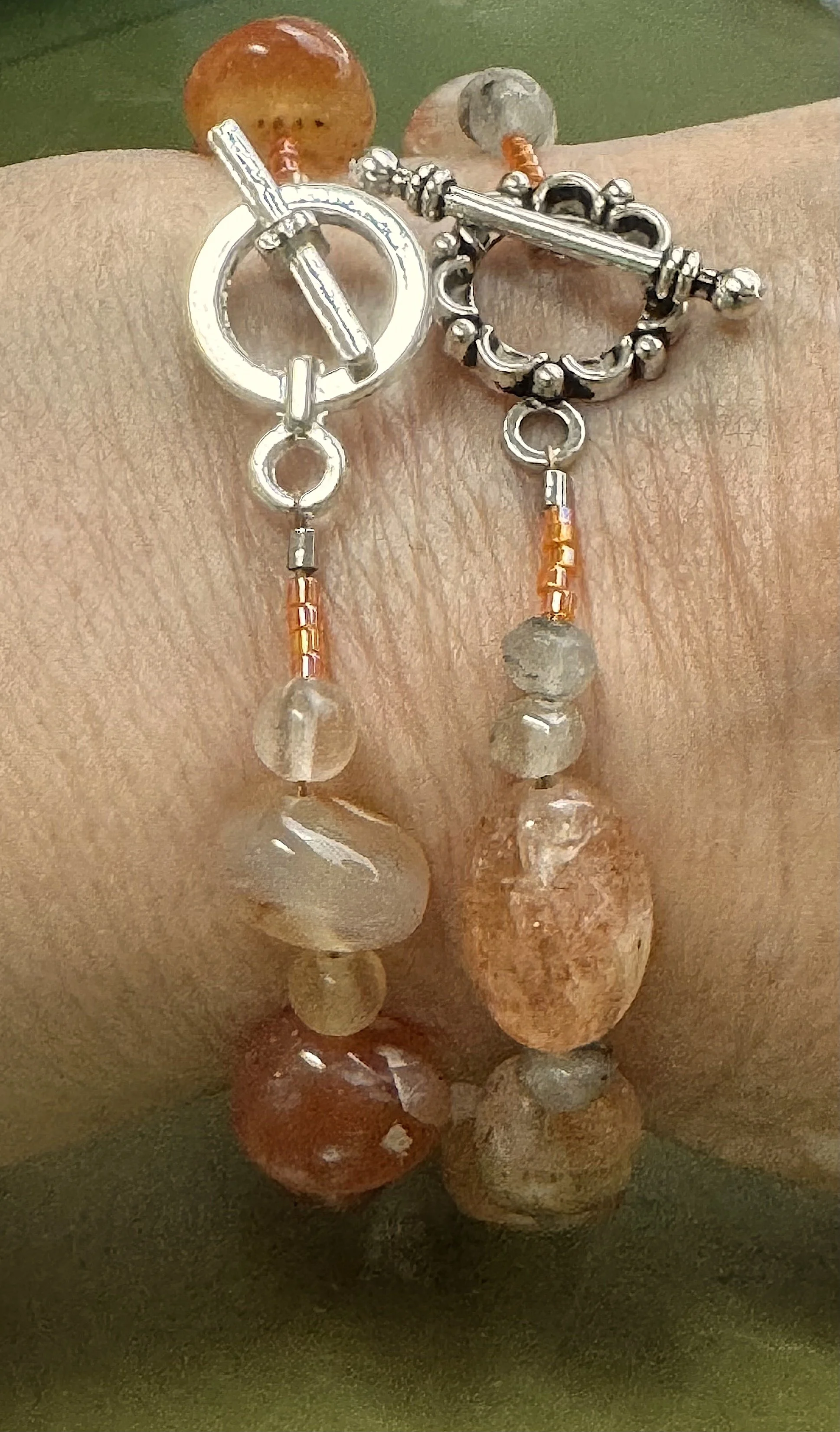Sunstone and Grey Feldspar  with Red Agate mand Fluorite bracelet.jpeg