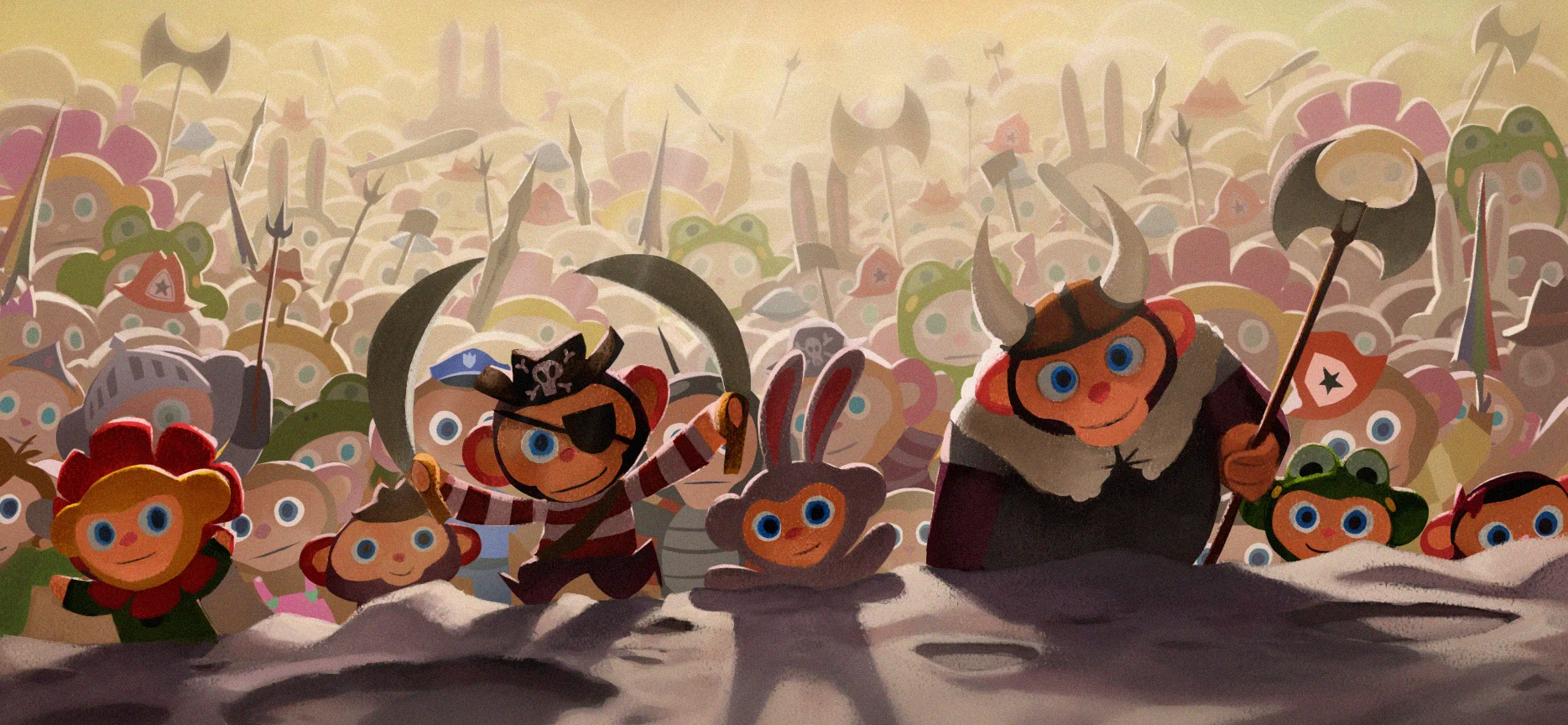Early character moment painting with villain Peanut's "minions," which are tiny wind-up toys.