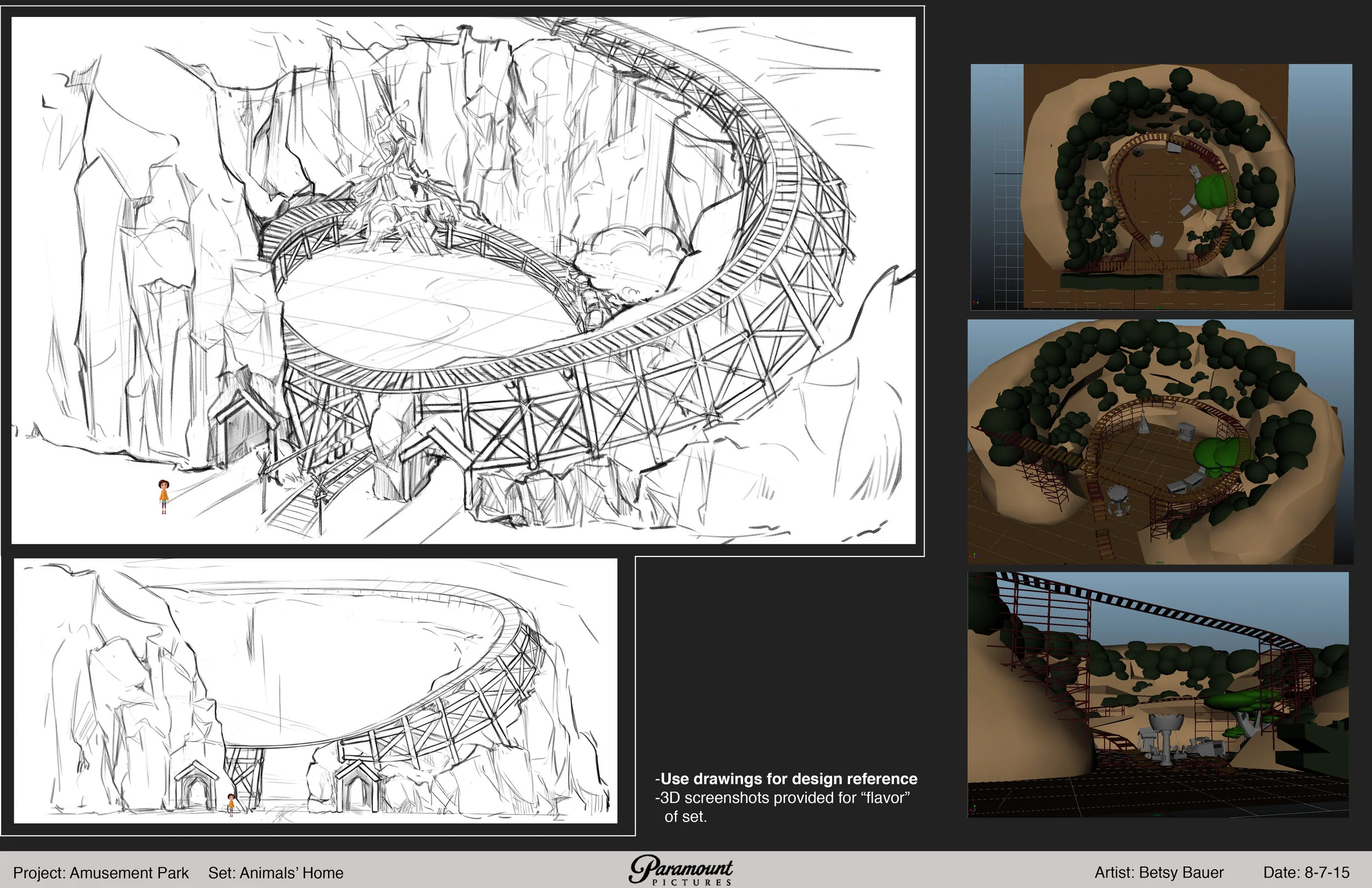 The director responded to the image above, and I began to develop it as an actual set for the film. On the right is a rough 3D model I created in Maya, and on the left is the draw-over I did to provide a detailed orthographic to the 3D modeling team at Ilion, our vendor in Spain.