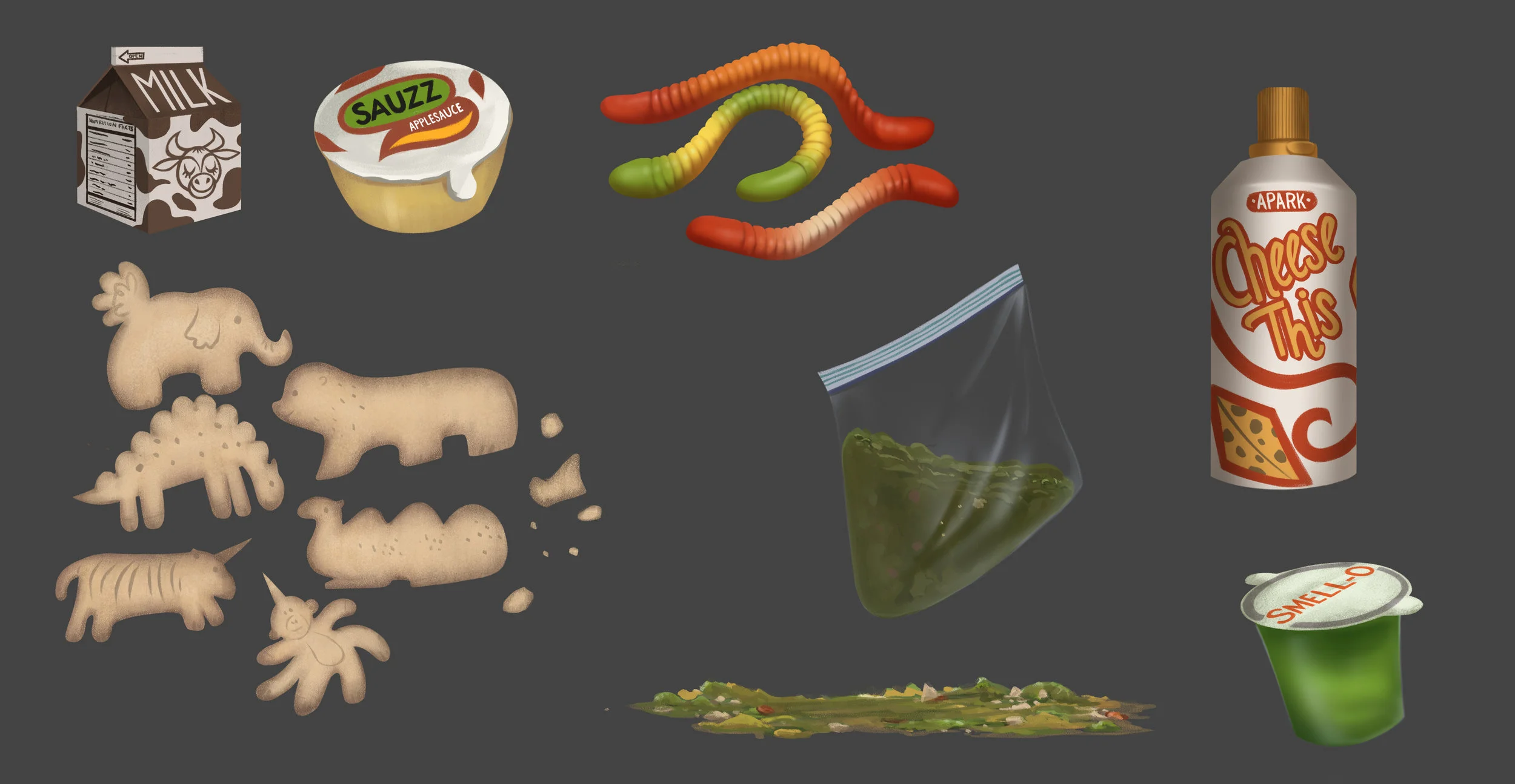 One of my grossest, but most-fun assignments of all time. One of the characters pretends to throw up on a school bus, and I had to design the ingredients for some fake puke.