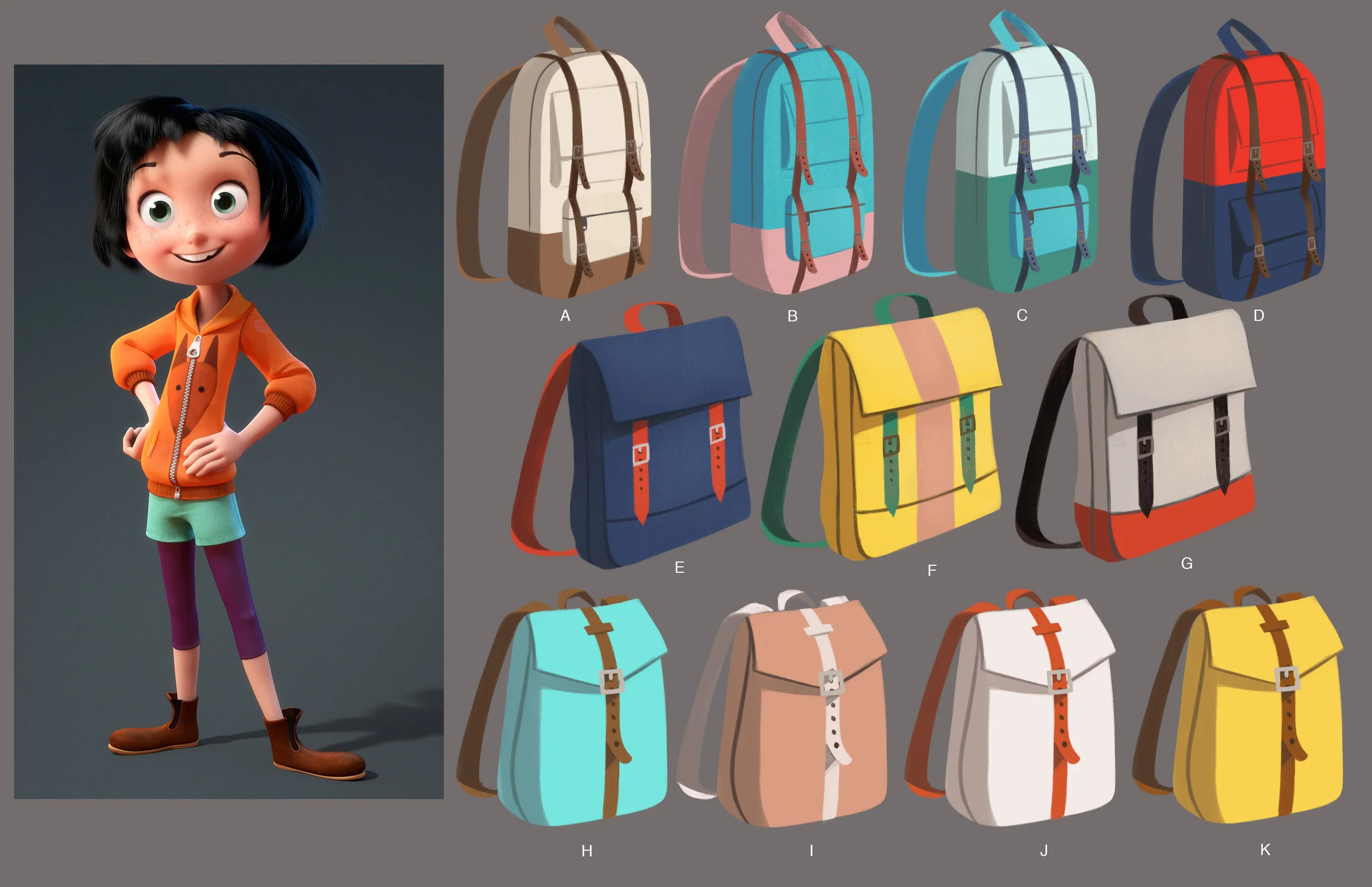 The main character, June, has a backpack that is a key prop in the film. Here are early explorations.