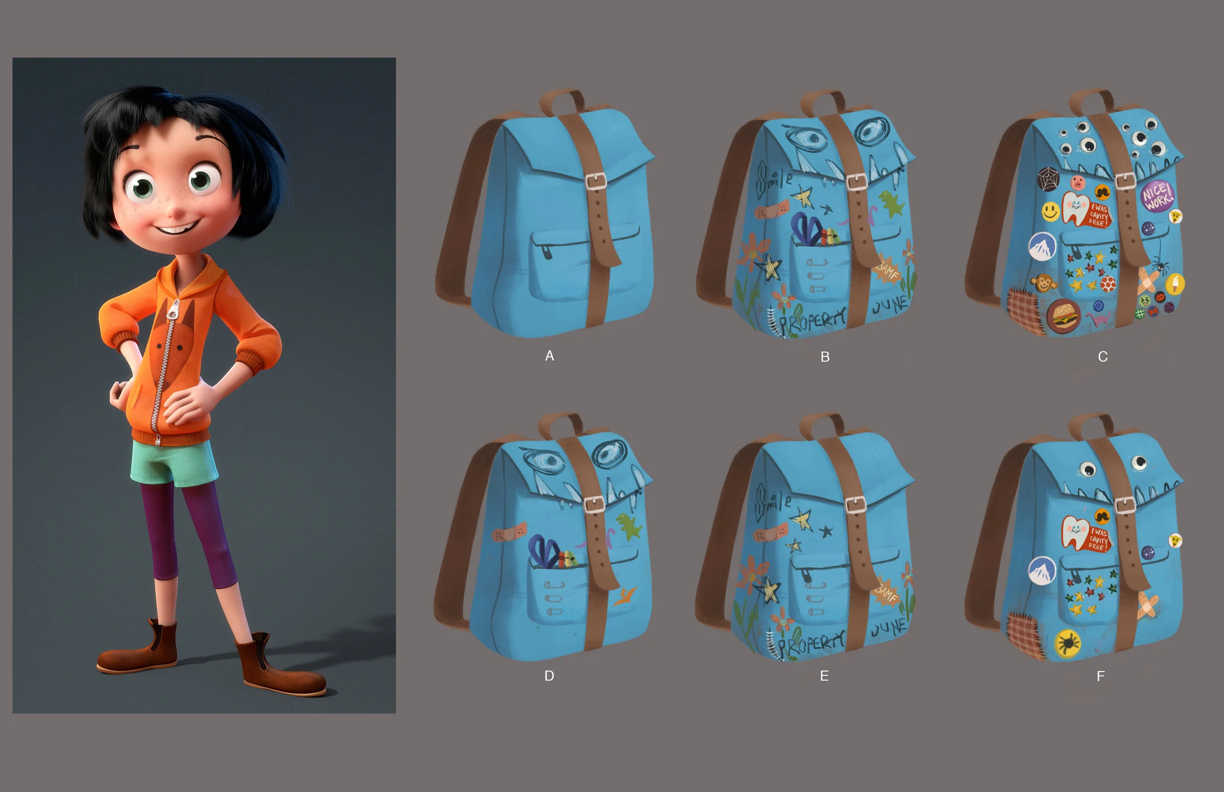 Further explorations on June's backpack. It was supposed to feel like a creative 12-year-old girl had personalized it. F was the final chosen design.