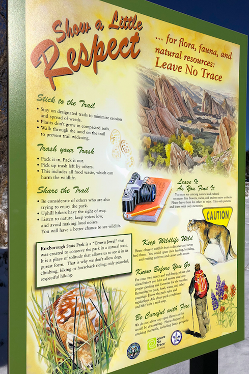 A trail etiquette sign at Roxborough State Park.