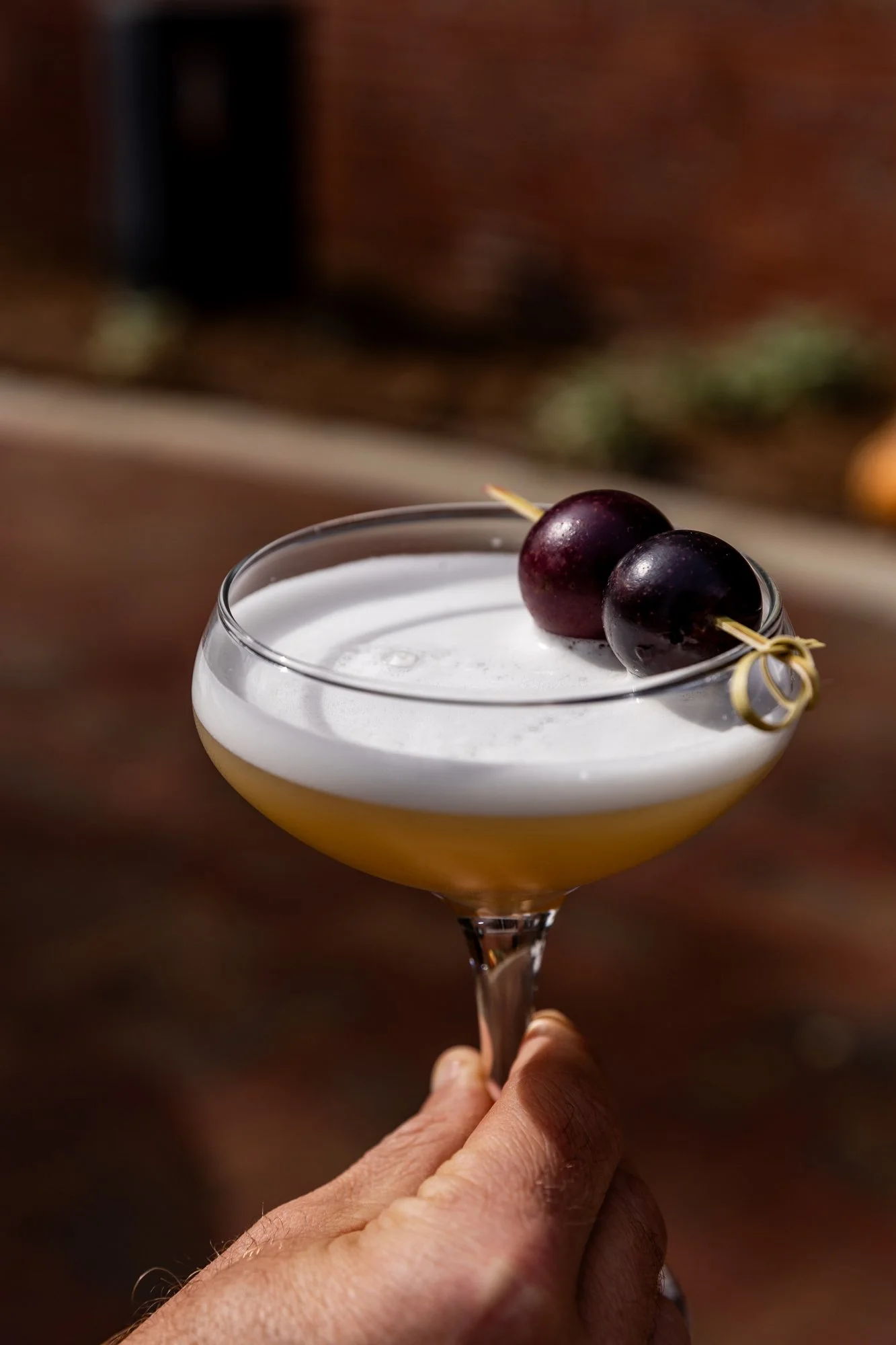 A cocktail garnished with two dark cherries on a skewer, held in a hand, with a foam layer on top and a yellowish liquid underneath. Hot and Hot Fish Club Restaurant in Birmingham, Alabama.