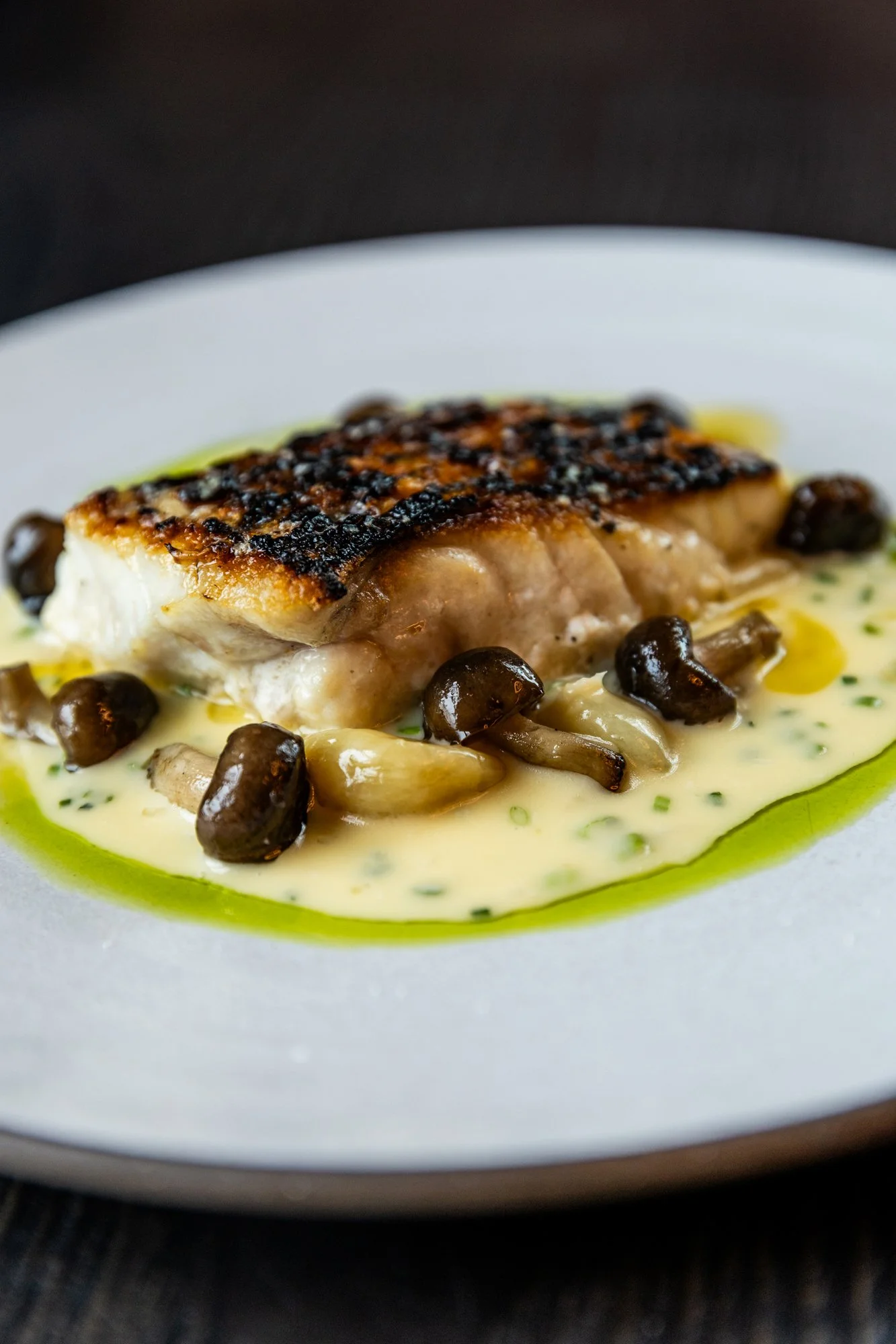 Seared fish fillet with crispy skin on a bed of mushroom cream sauce, garnished with herbs and a drizzle of green oil, on a white plate.