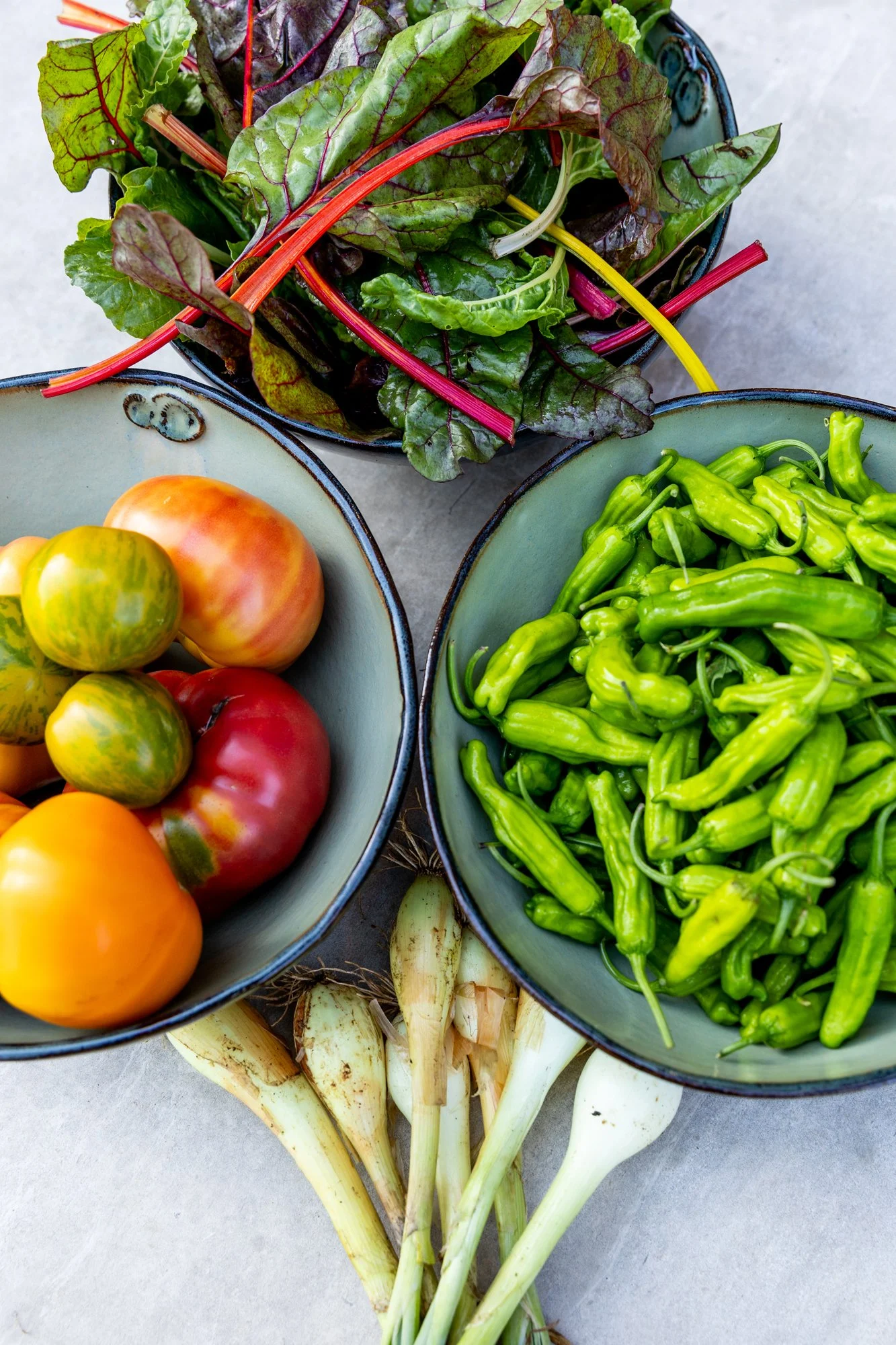 Three ceramic bowls filled with fresh vegetables and herbs, including heirloom tomatoes, green peppers, and spring onions, arranged on a gray surface. Hot and Hot Fish Club Restaurant in Birmingham, Alabama.