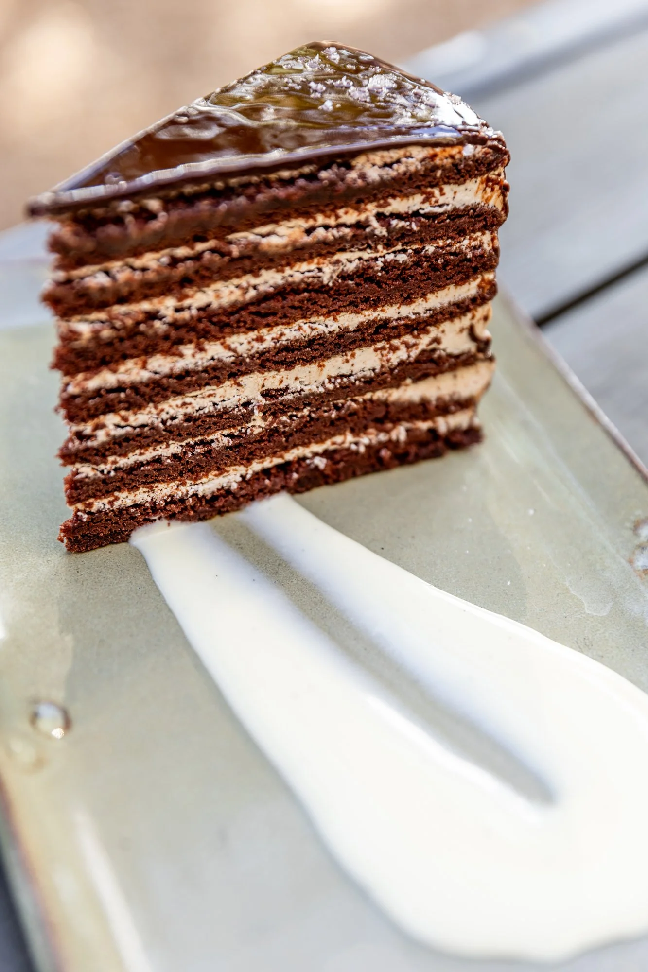 Slice of layered chocolate cake with chocolate icing and cream filling, served on a plate with white sauce. Ovenbird Restaurant in Birmingham, Alabama.