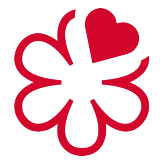 A stylized red and black butterfly with heart-shaped wings on a black background.