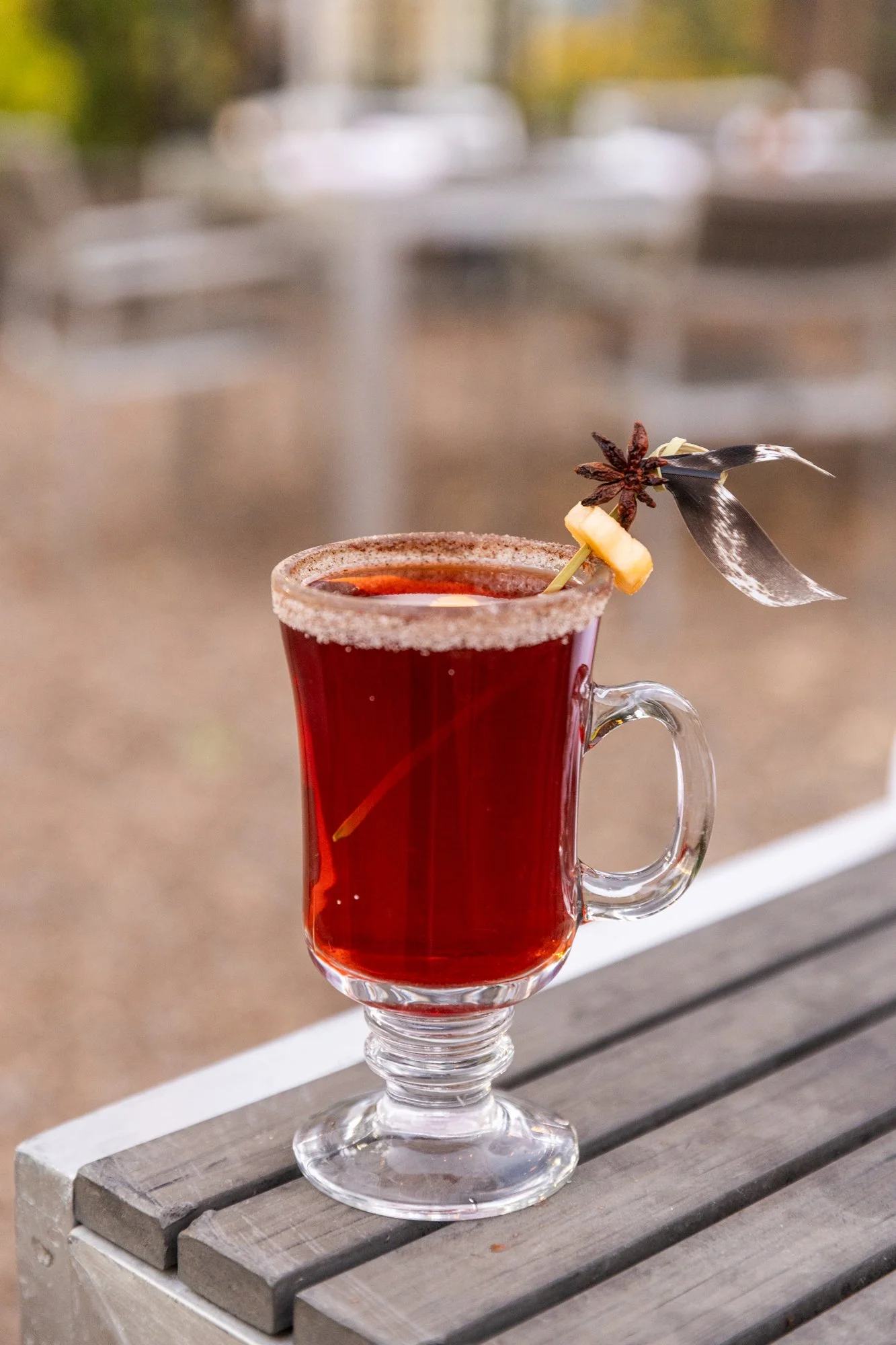 A tall glass mug with a handle containing a dark red beverage, garnished with a star anise, a small piece of pineapple, and a black and white decorative feather, sitting on a wooden table outside. Ovenbird Restaurant in Birmingham, Alabama.