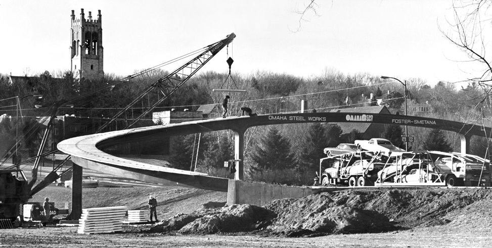 Jan. 24, 1968, construction of new pedestrian overpass on DODGE STREET west of Happy Hollow Boulevard. In the background is the bell tower of SMM 2.jpg