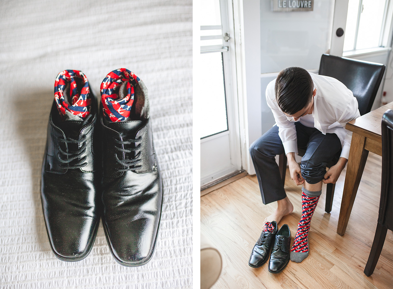 Meanwhile, Aaron getting ready separately with his groomsmen + dad + these rad socks.
