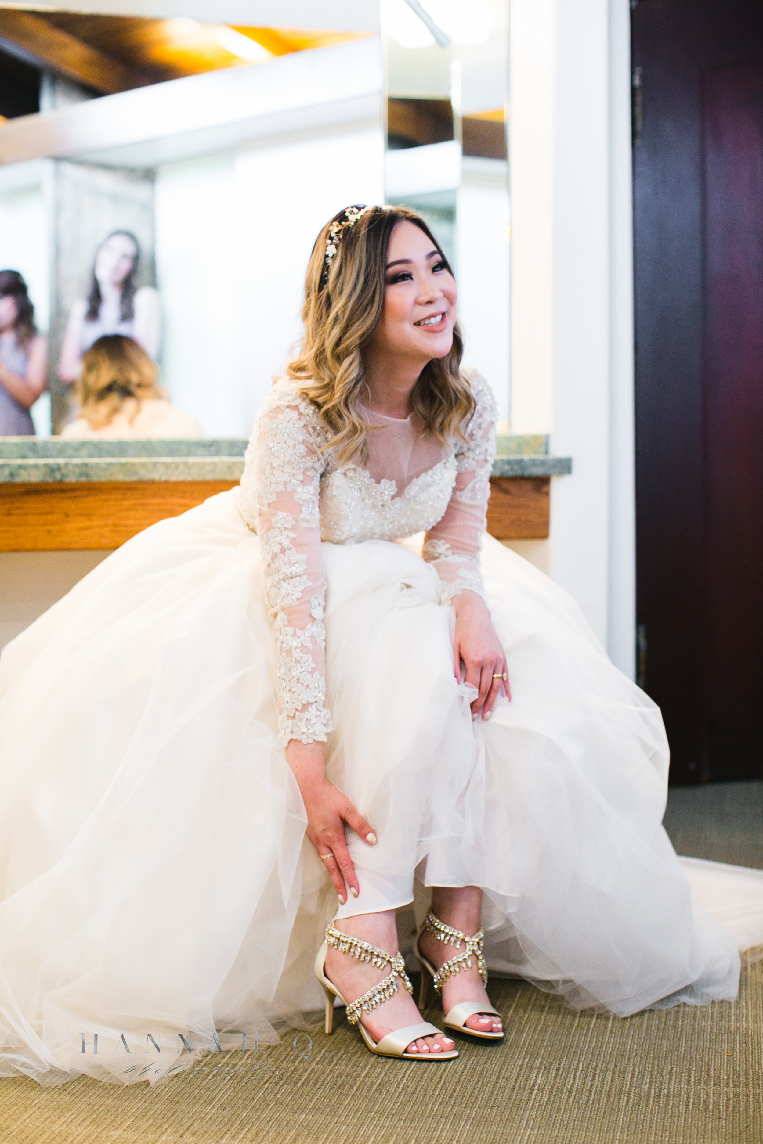 Once the bride and groom completed the majority of their getting ready at Miyako Hotel, we moved to Wayfarer's Chapel.&nbsp; Tara just put on these gorgeous bedazzled shoes in the powder room.&nbsp;