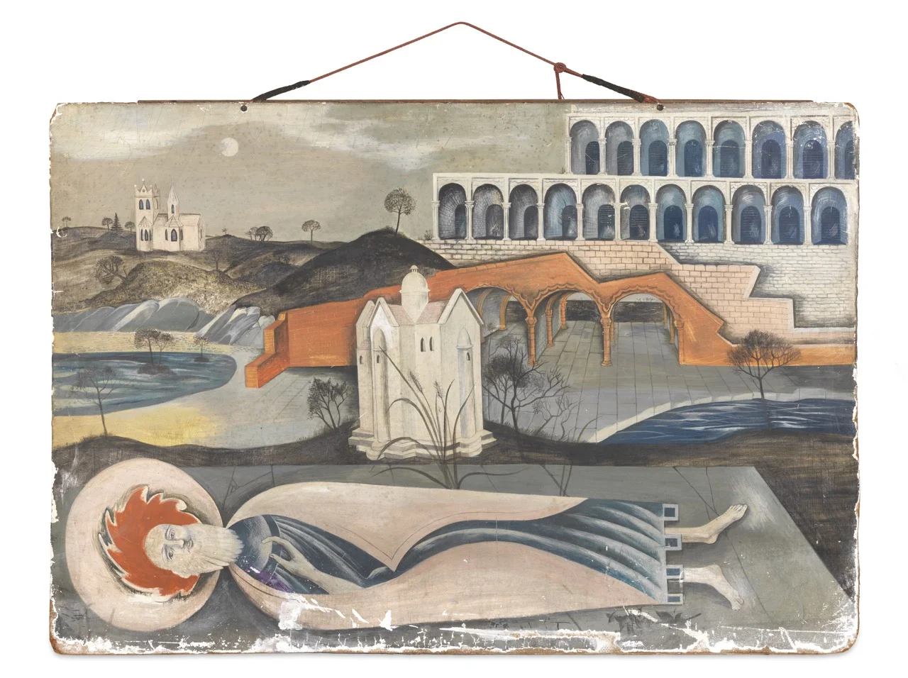 Gouache, gesso on board. Late 1940s depiction of a scene from Nikolai Leskov's story The Enchanted Wanderer. As found condition with original hanging. Style reminiscent of Scuola Metafisica, palette and period, post war British. Sold. 86cm x 60cm