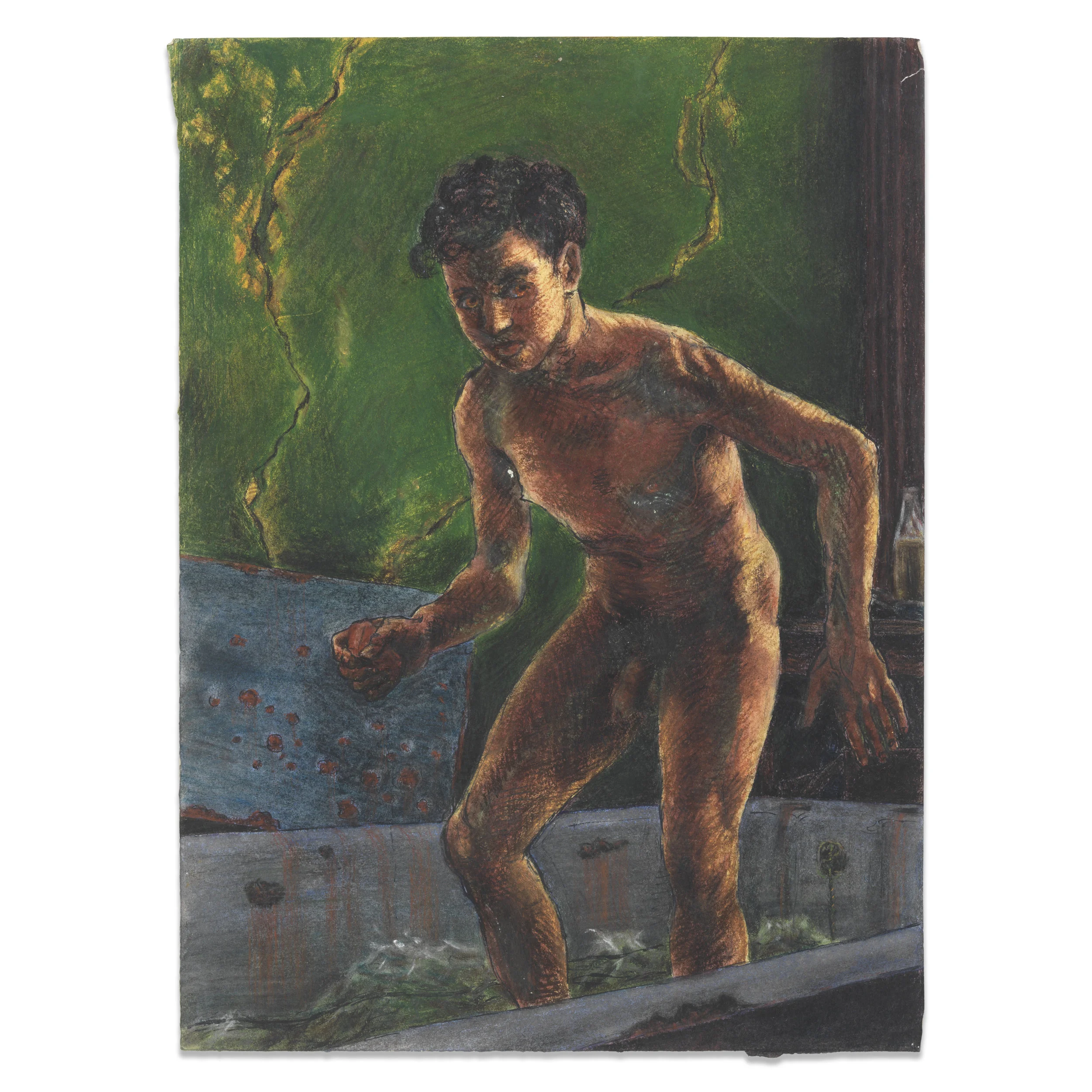 Pastel and pencil on paper of bathing male nude by Reginald Alan Westaway 1940s. Domestic scene with a pervading menace, depicting the grime and austerity of the period. Available. 39cm x 28cm