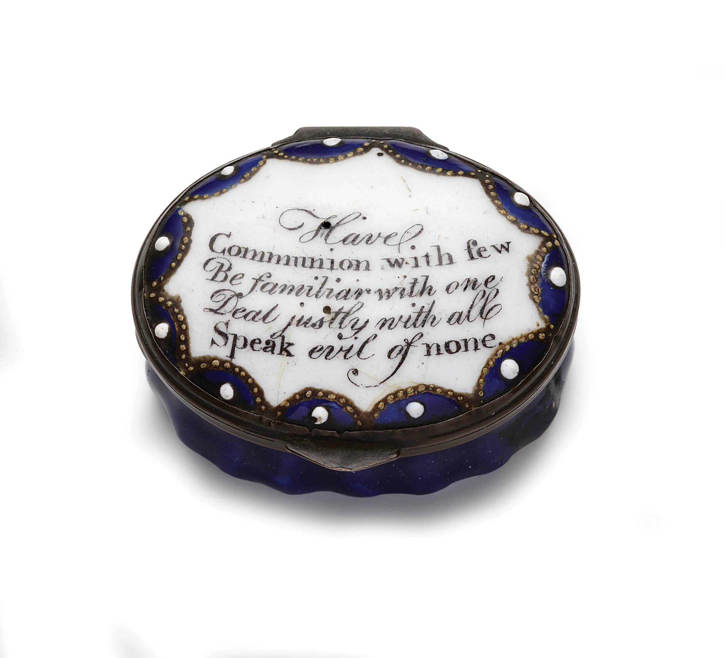 Charming Battersea Bilston enamel pill box with hinged lid. Enamelled and mirrored interior. The verse reads "Have communion with few, Be familiar with one, Deal justly with all, Speak evil of none." Hand painted lace design. AVAILABLE