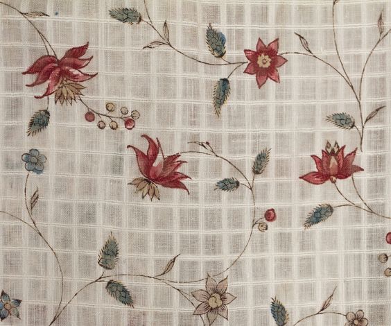 Detail from 18th century dress of printed windowpane dimity. From Vintage Textile, www.vintagetextile.com, via Leslie Andrich on Pinterest