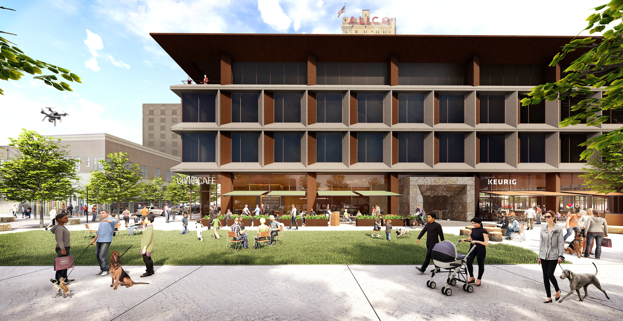  Building 1 will be a 4-story (appx. 80,000 SF) modern office and retail building located on the corner of 4th and Austin. This corner is significant historically for a variety of reasons. Of note, it is the birthplace of Dr Pepper and present locati