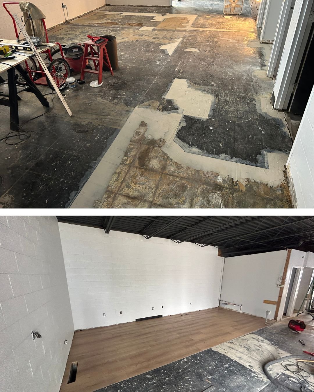 Studio Renovation Part 5: Leveling the floor and prepping to lay vinyl flooring down. Took awhile but the flooring looks great and really opens up the space.