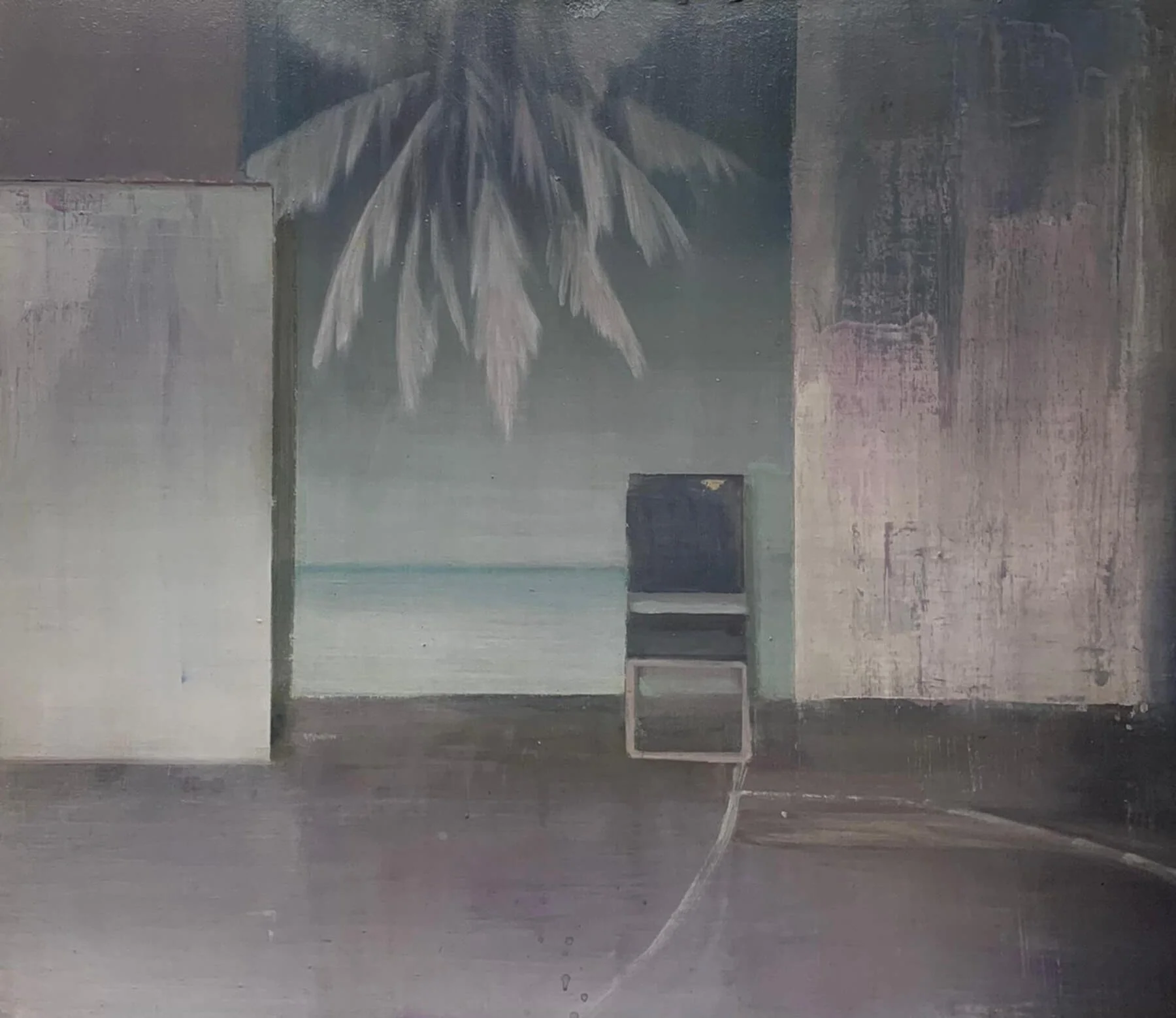 »Foyer mit Palme« · 78 x 90 cm · oil on wood · 2025