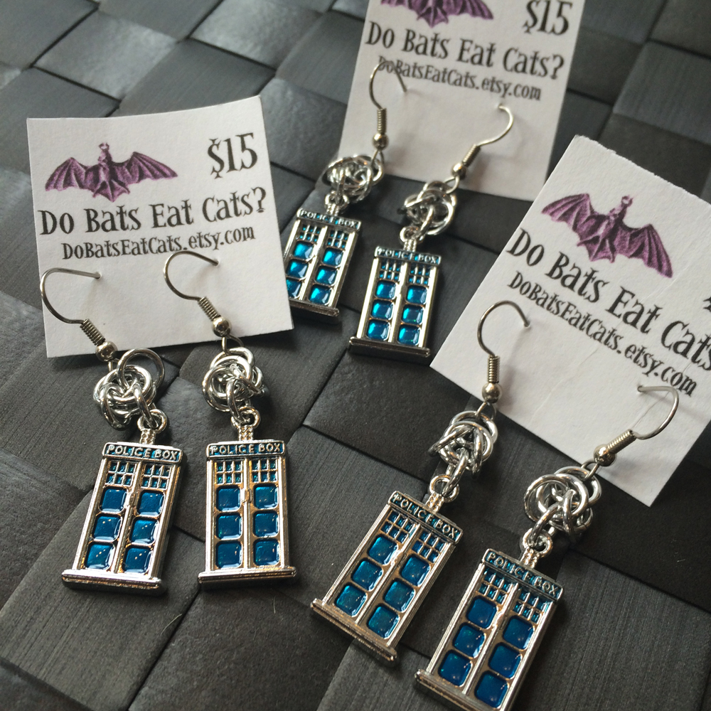 TARDIS + chainmail earrings by Do Bats Eat Cats