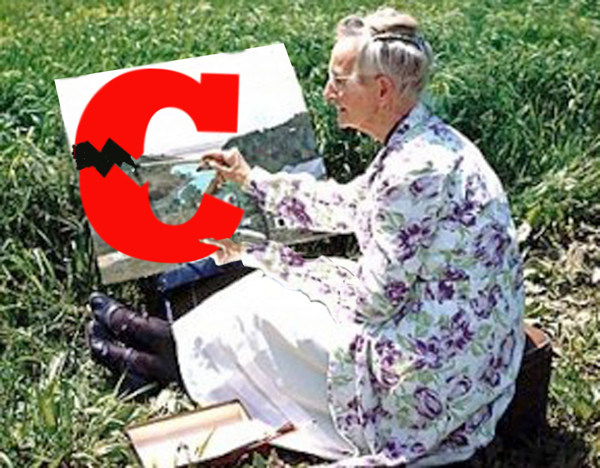 MOSES PARTING THE RED c : Yes, that's famous folk artist grandma moses, using bold black paint strokes to separate a red letter c into two parts 