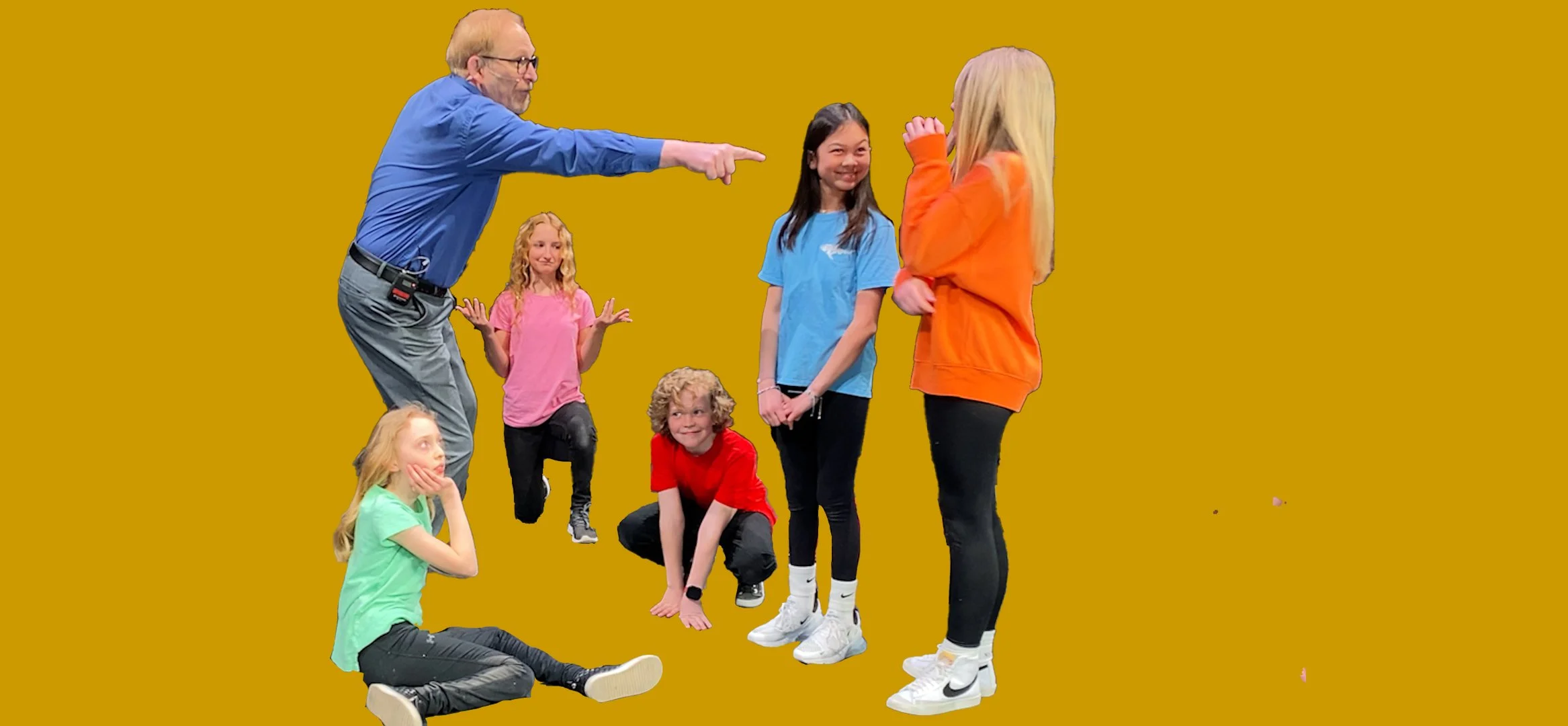 Kids playing Night at the Museum drama game with a teacher leading.