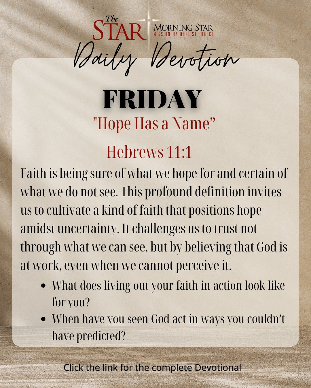 As you conclude this devotional, reflect on the areas where God is asking you to step out in faith. How can you embody that hope in your community? #HopeHasAName #Jesus #Faith Get the full devotional here: https://www.mymsbc.org/weekly-devotional