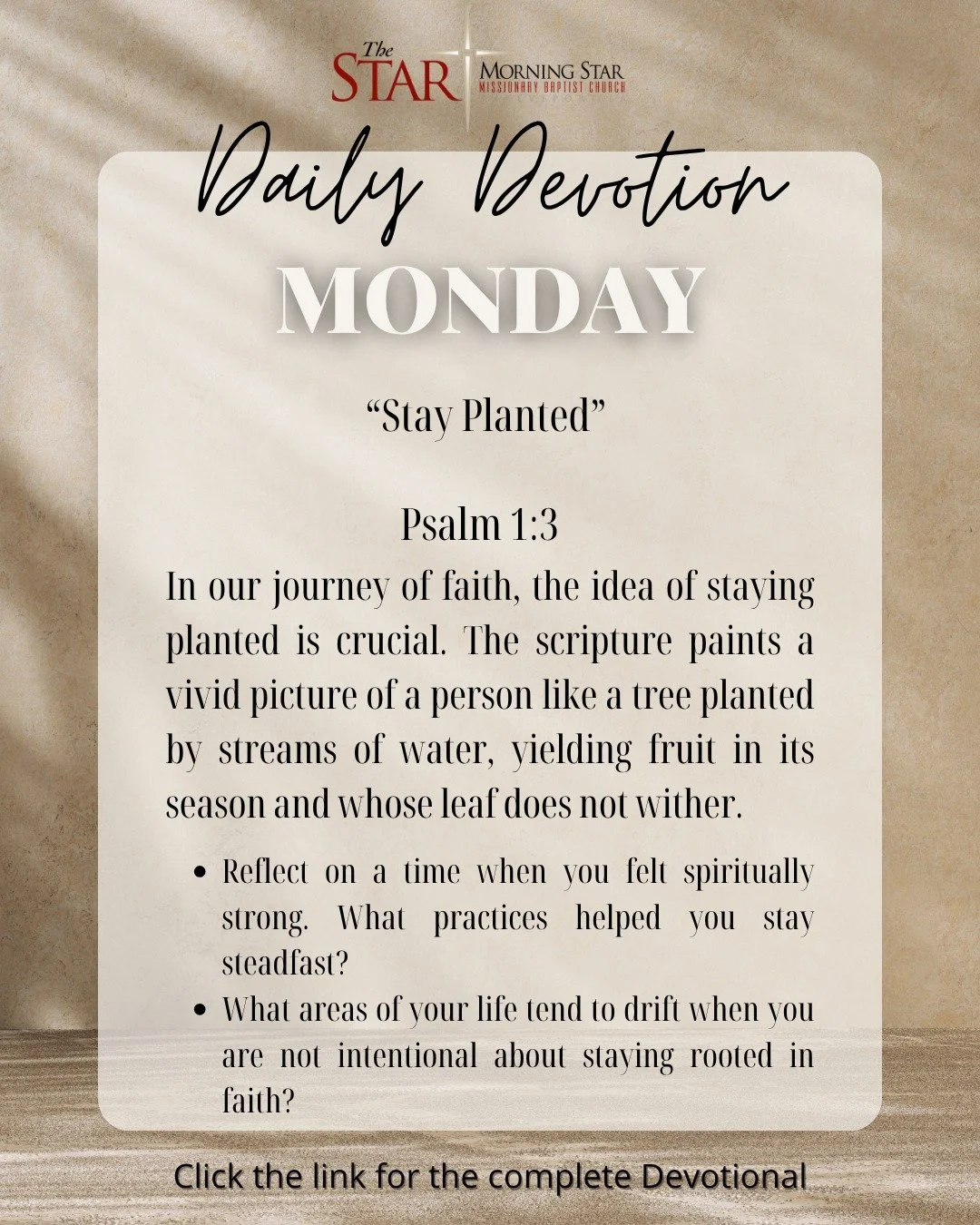 🌳 DAY 1: STAY PLANTED 🌳

"Blessed is the one who does not walk in step with the wicked..." - Psalm 1:1

Drift doesn't happen all at once. You don't decide to drift&mdash;you simply stop being intentional about staying planted.

Walking &r