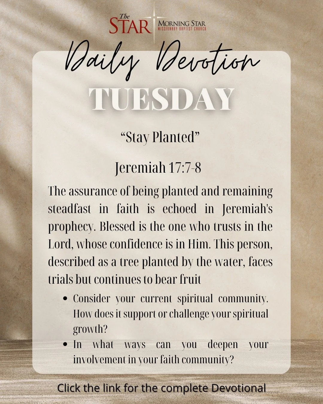 DAY 2: STAY PLANTED 🌳

"...whose delight is in the law of the Lord, and who meditates on his law day and night." - Psalm 1:2

The Hebrew word for "meditate" is HAGAH&mdash;it means to mutter, to groan, to chew on something over a