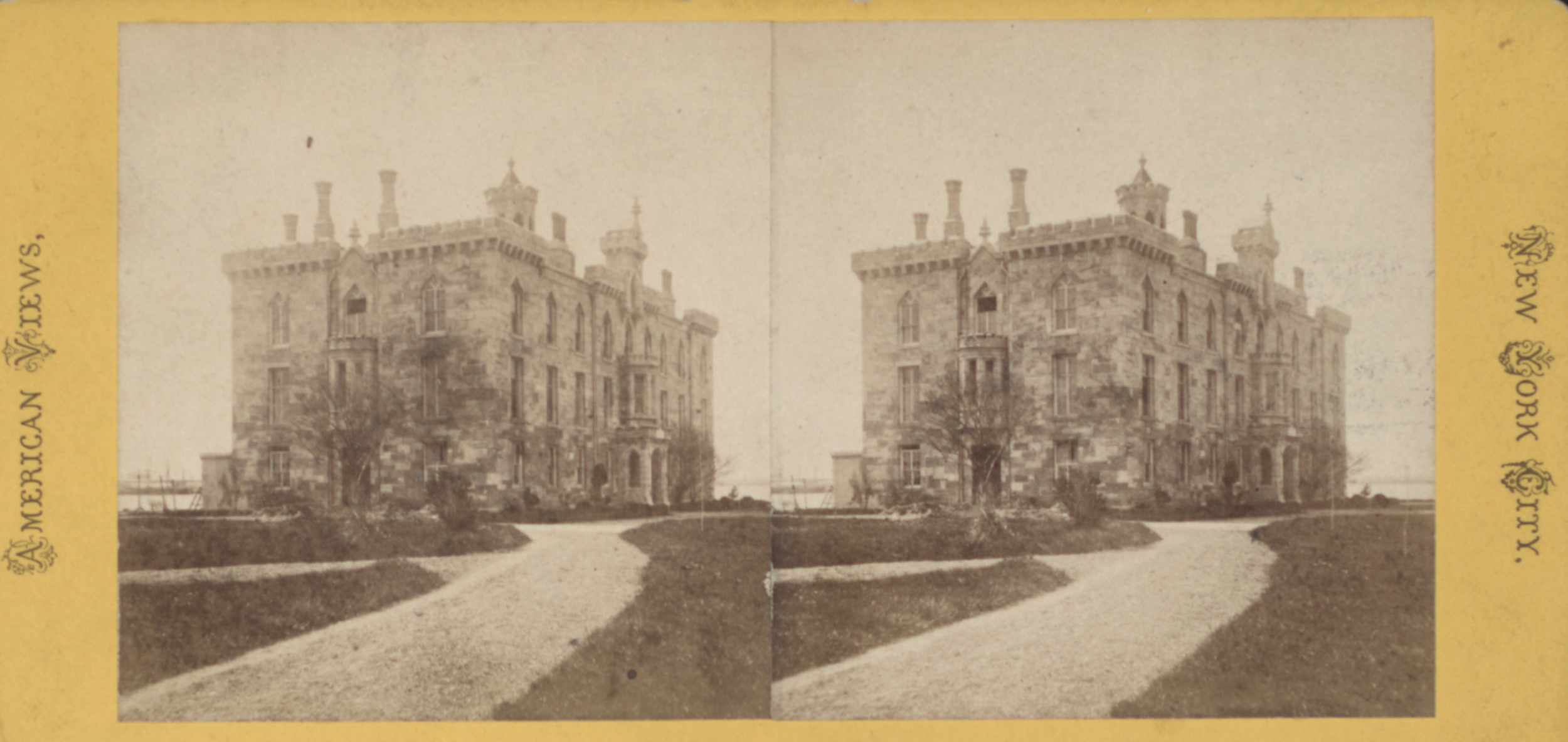 Stereoscopic photograph of the Smallpox Hospital, original footprint was 104 feet by 45 feet and three stories in height