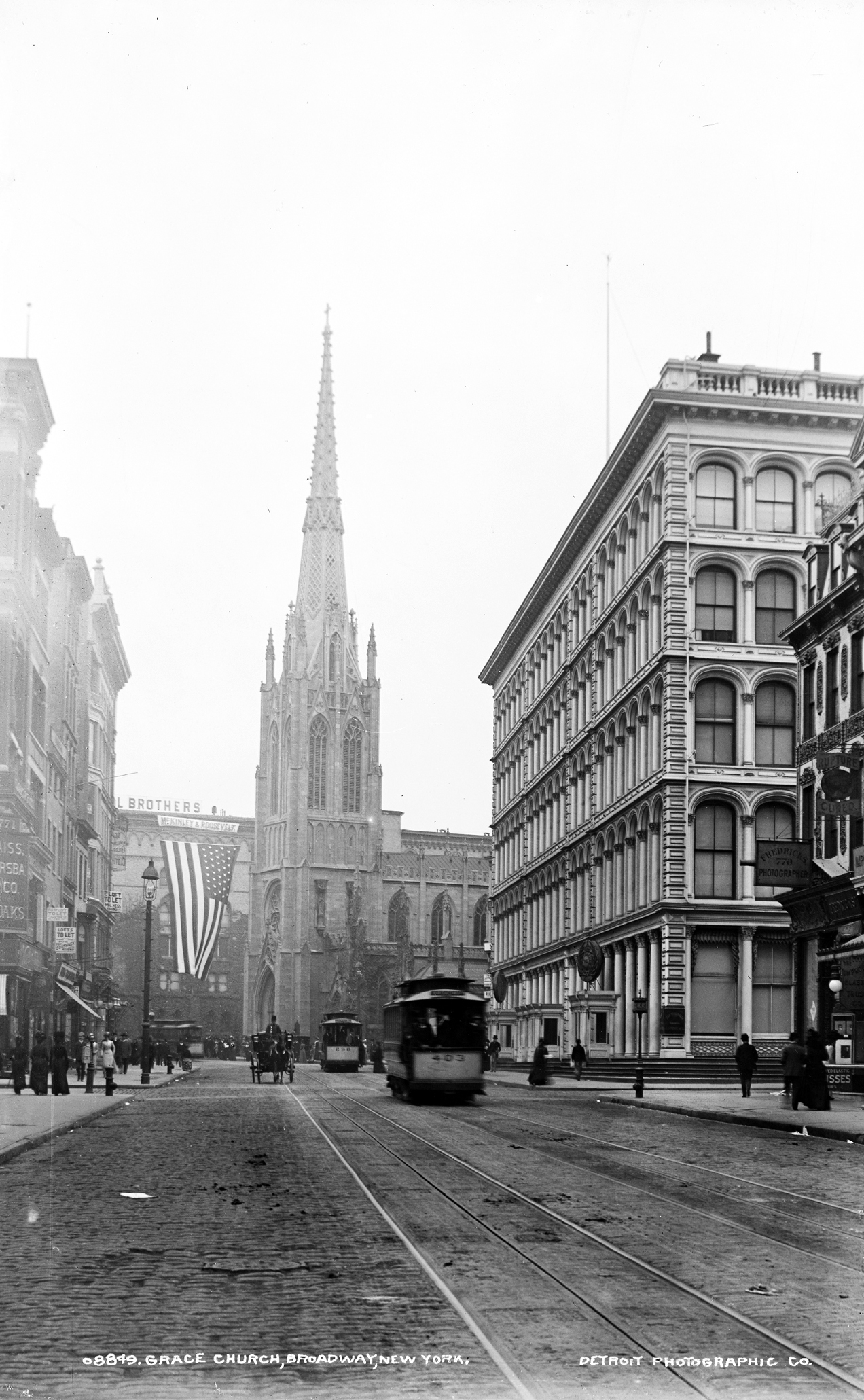 Grace Church is located at Broadway and 10th Street, Manhattan, photo depicts the marble spire, Library of Congress