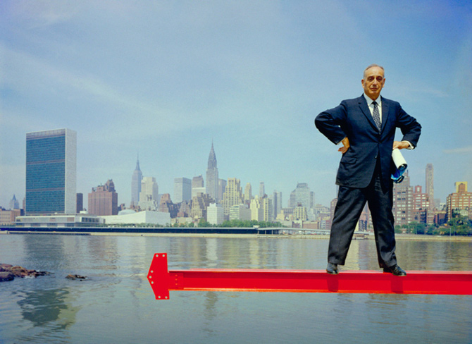 Robert Moses with the United Nations in the background, Arnold Newman Archives