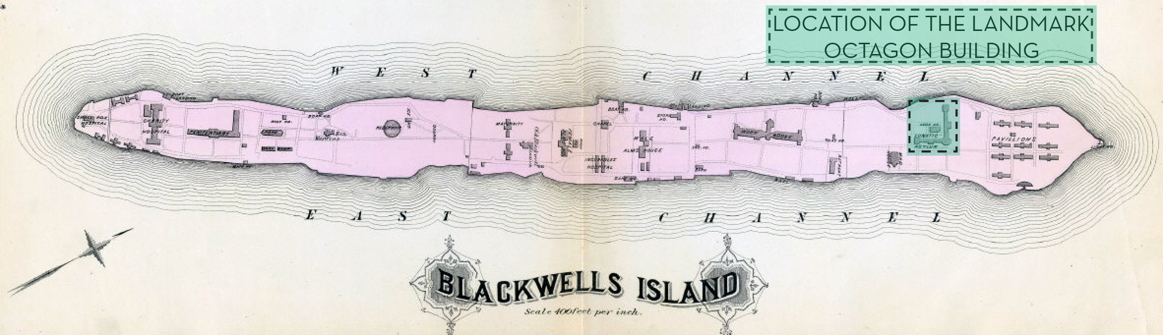 Location of the Lunatic Asylum, now The Octagon, on Roosevelt Island
